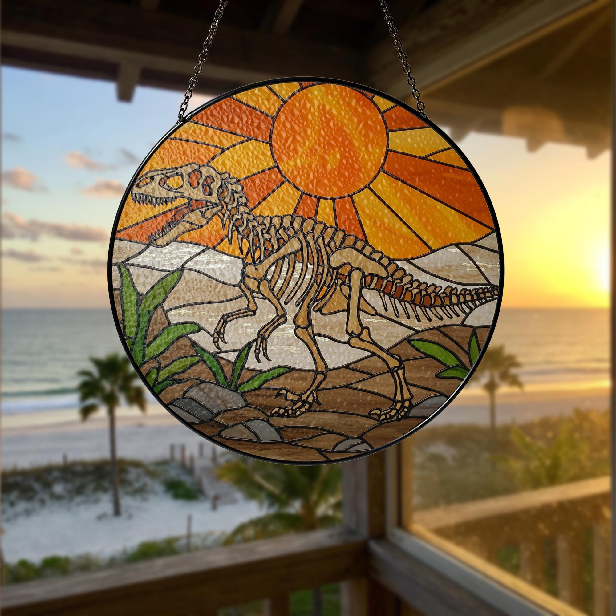 Dinosaur Skeleton Glass Suncatcher, Prehistoric Window Hanging, Paleontology Decor, Dino Lover Gift, Fossil Art Light Catcher, Gift for him