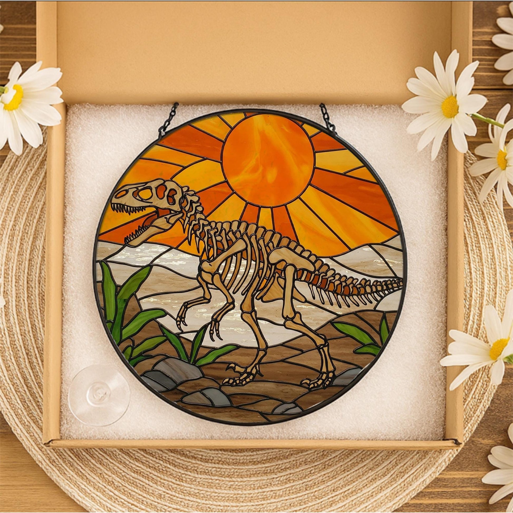 Dinosaur Skeleton Glass Suncatcher, Prehistoric Window Hanging, Paleontology Decor, Dino Lover Gift, Fossil Art Light Catcher, Gift for him