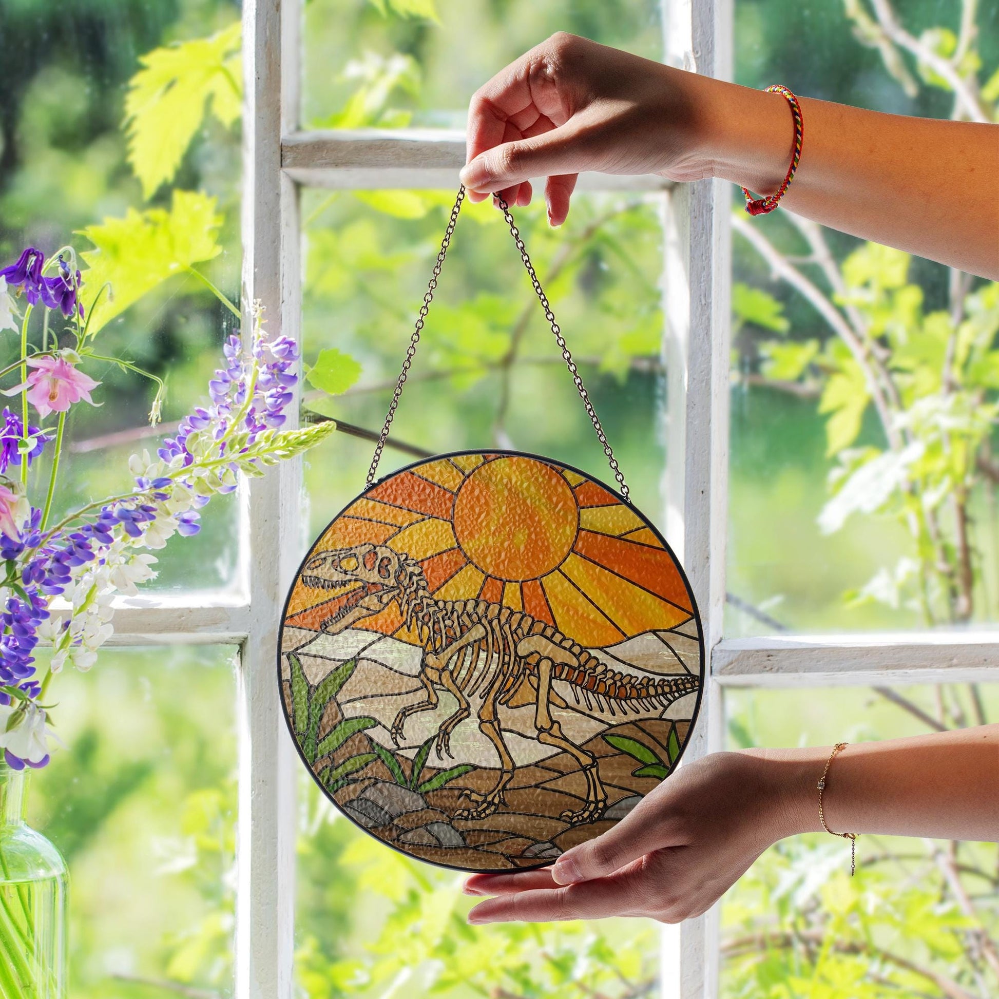 Dinosaur Skeleton Glass Suncatcher, Prehistoric Window Hanging, Paleontology Decor, Dino Lover Gift, Fossil Art Light Catcher, Gift for him