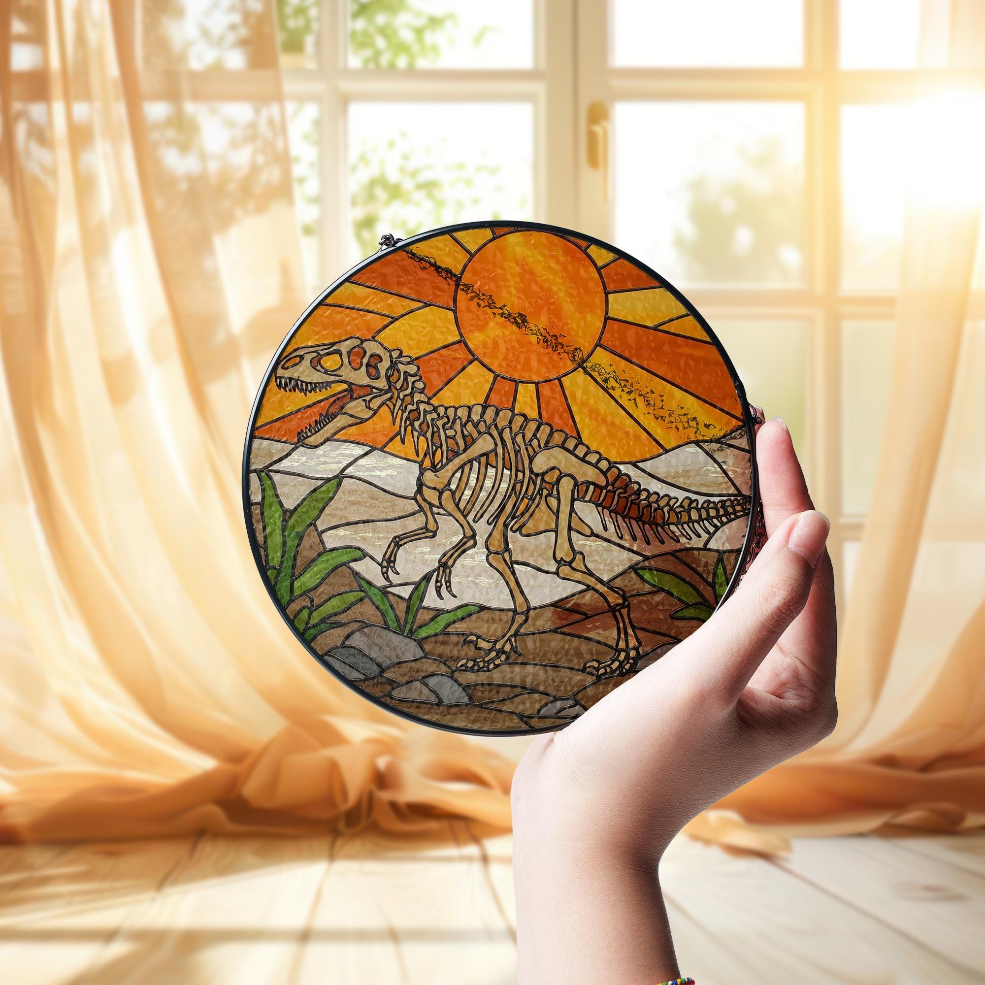 Dinosaur Skeleton Glass Suncatcher, Prehistoric Window Hanging, Paleontology Decor, Dino Lover Gift, Fossil Art Light Catcher, Gift for him