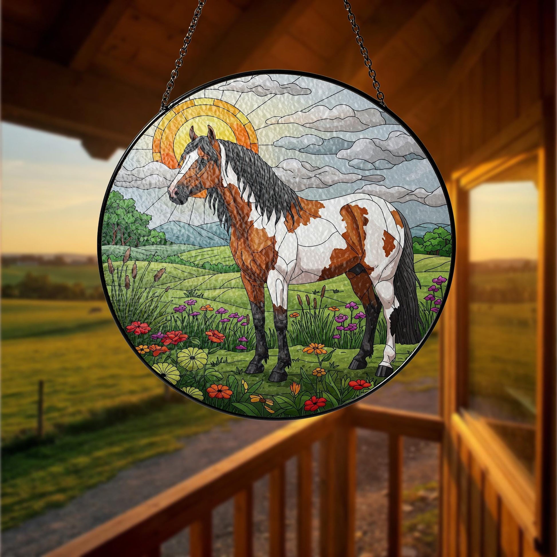 Appaloosa Horse in Highland Field Glass Suncatcher, Equestrian Window Hanging, Western Horse Decor, Country Light Catcher Gift, Gift For Him