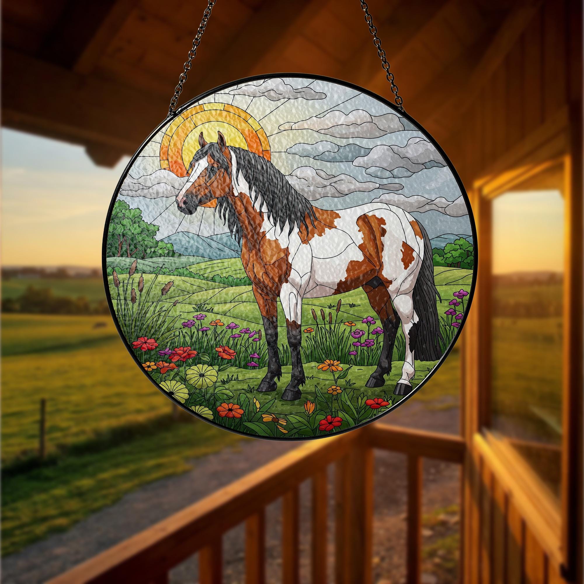 Appaloosa Horse in Highland Field Glass Suncatcher, Equestrian Window Hanging, Western Horse Decor, Country Light Catcher Gift, Gift For Him