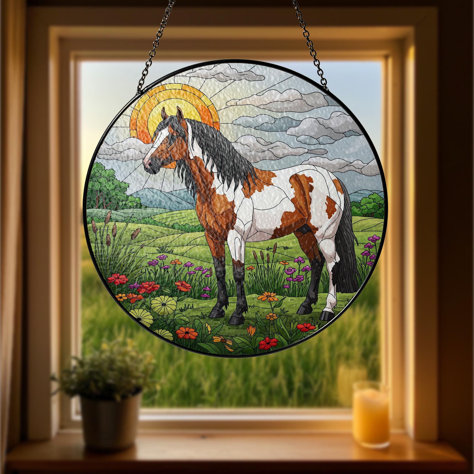 Appaloosa Horse in Highland Field Glass Suncatcher, Equestrian Window Hanging, Western Horse Decor, Country Light Catcher Gift, Gift For Him