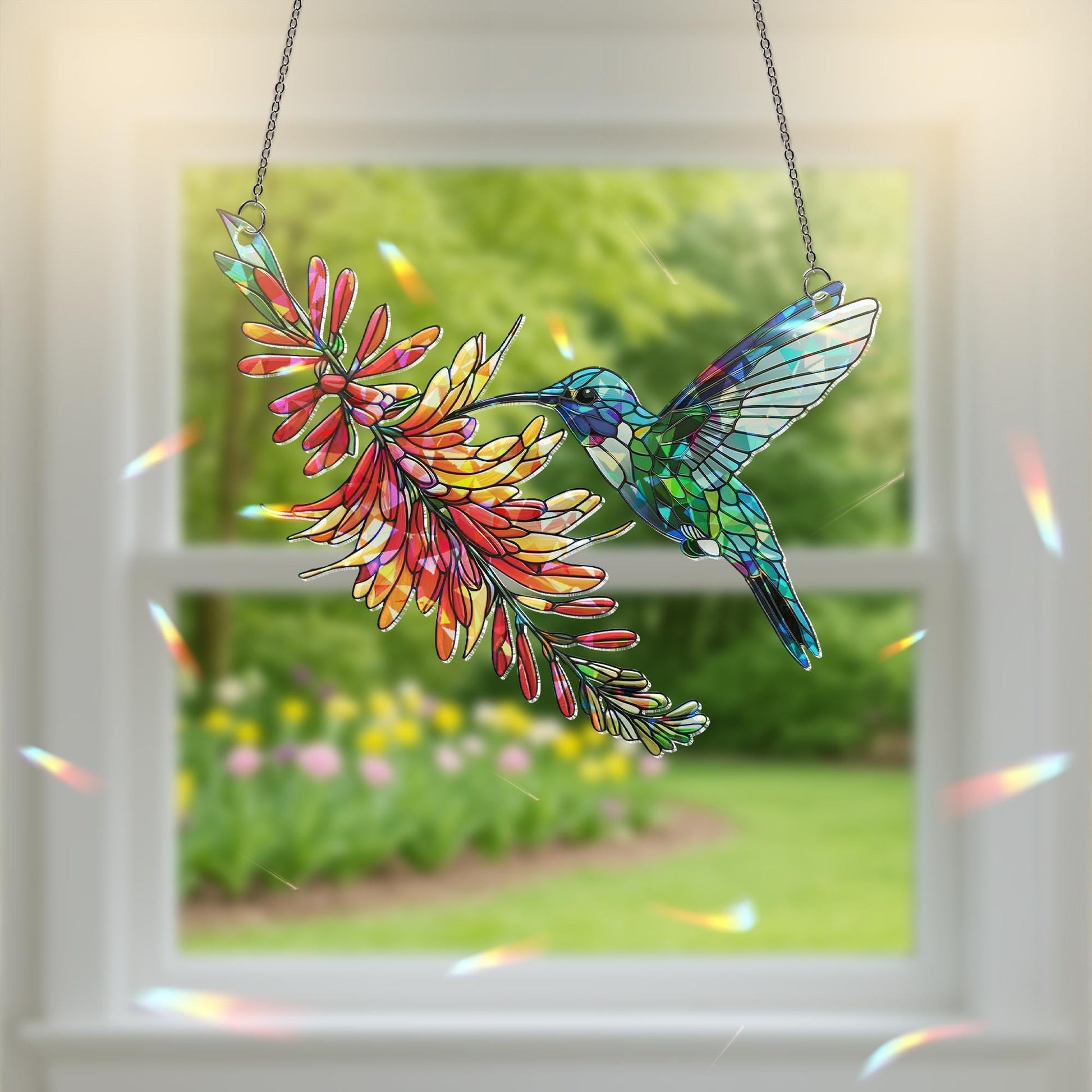 Hummingbird & Firebush Flower Holographic Acrylic Suncatcher | Colorful Nature Window Decor | Unique Bird Lover Gift | Vibrant Home Accent