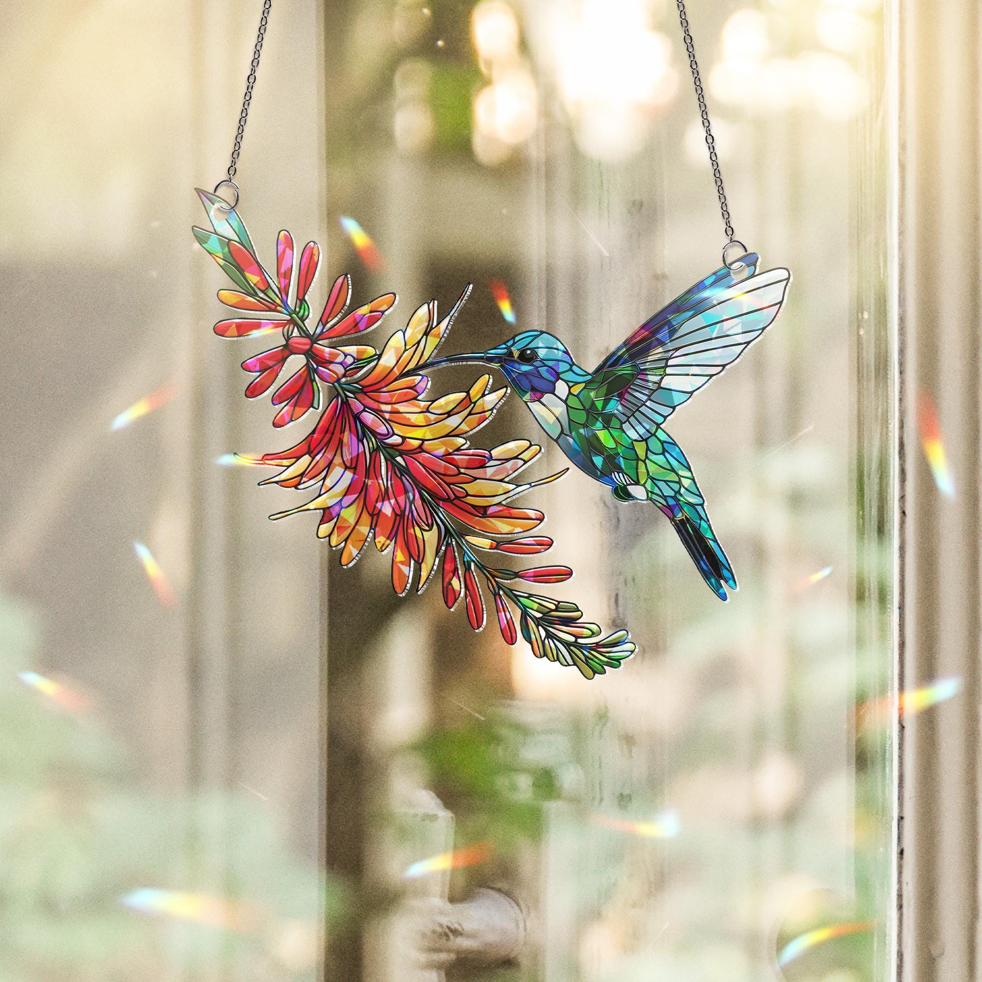 Hummingbird & Firebush Flower Holographic Acrylic Suncatcher | Colorful Nature Window Decor | Unique Bird Lover Gift | Vibrant Home Accent