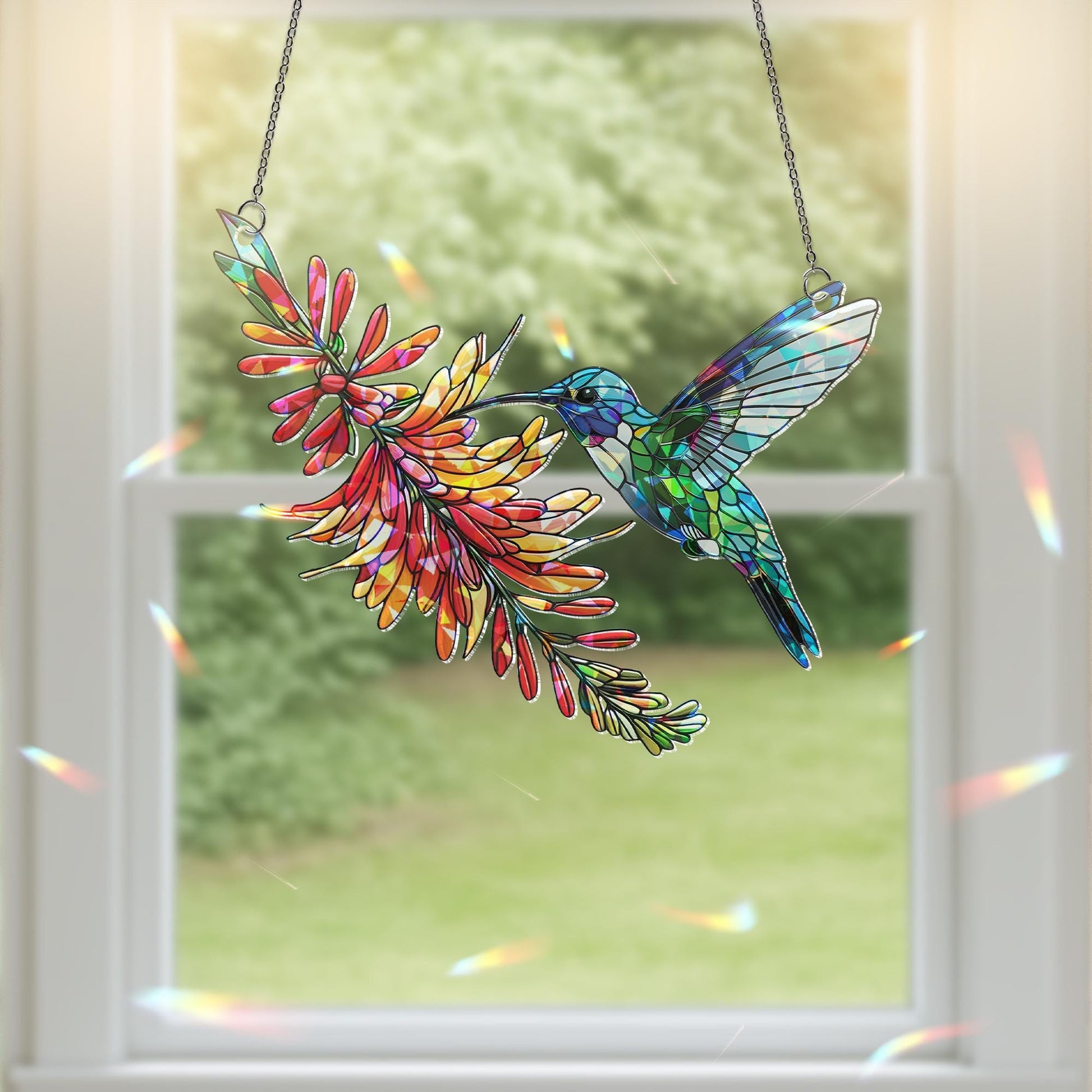 Hummingbird & Firebush Flower Holographic Acrylic Suncatcher | Colorful Nature Window Decor | Unique Bird Lover Gift | Vibrant Home Accent