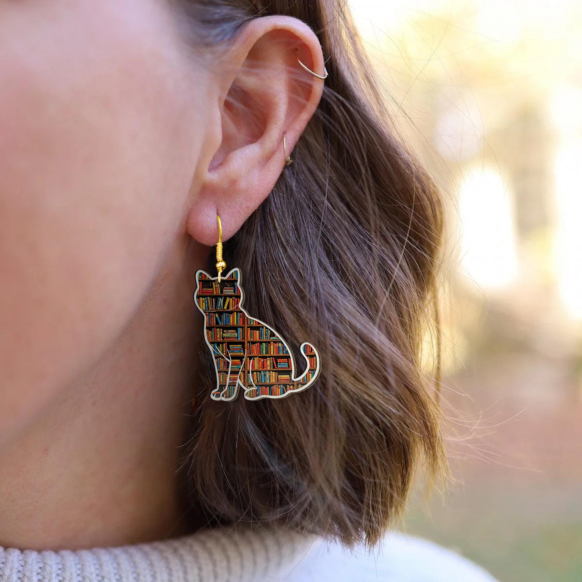 Book Cat Earrings – Cute Literary Cat Jewelry for Book Lovers – Reader Gift – Whimsical Kitty Earrings – Bibliophile Accessor, Gift For Her