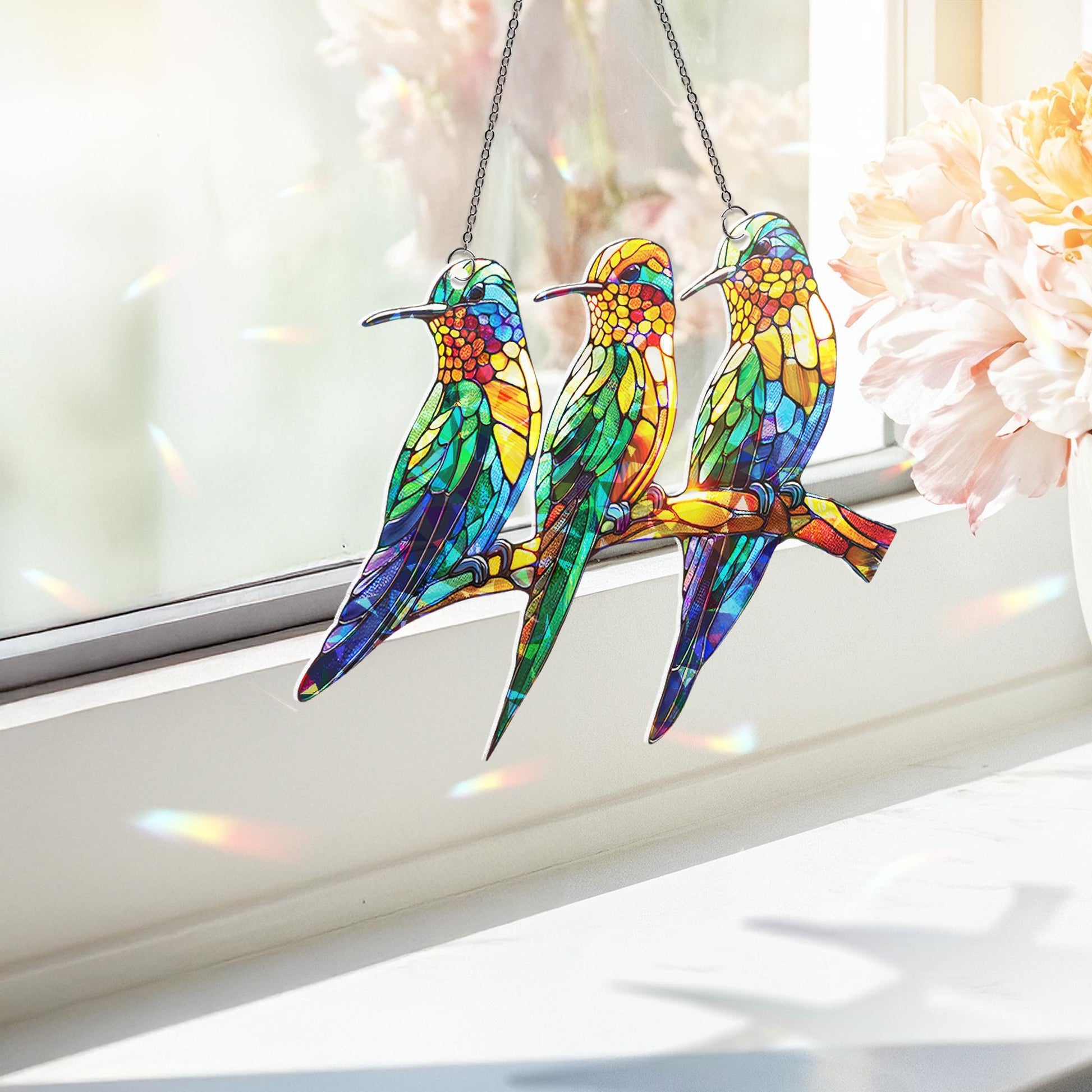 Hummingbirds on Branch Holographic Acrylic Suncatcher | Colorful Window Decor | Nature-Themed Bird Suncatcher | Beautiful Home Accent