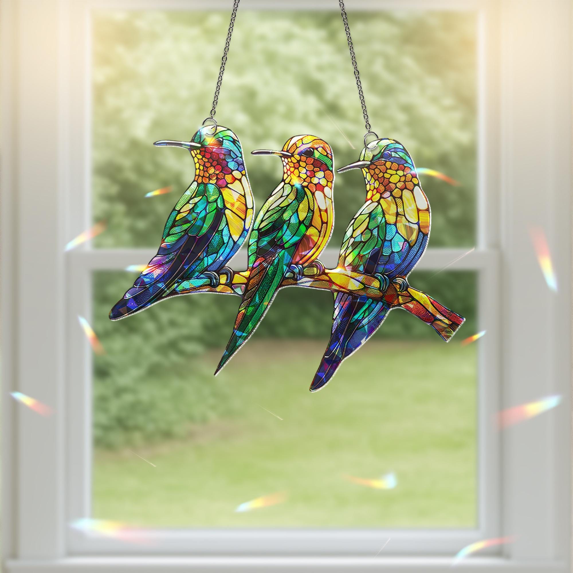 Hummingbirds on Branch Holographic Acrylic Suncatcher | Colorful Window Decor | Nature-Themed Bird Suncatcher | Beautiful Home Accent