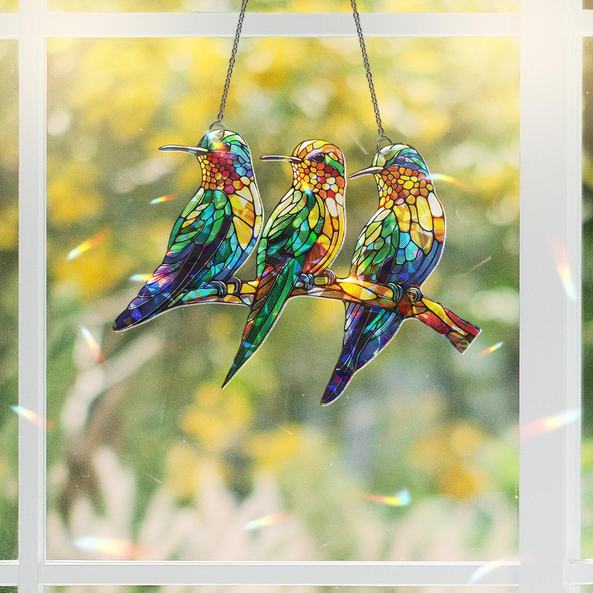 Hummingbirds on Branch Holographic Acrylic Suncatcher | Colorful Window Decor | Nature-Themed Bird Suncatcher | Beautiful Home Accent