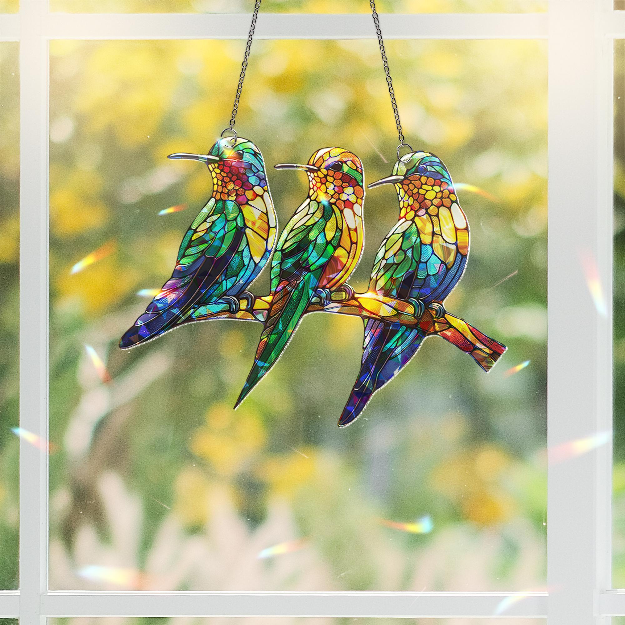 Hummingbirds on Branch Holographic Acrylic Suncatcher | Colorful Window Decor | Nature-Themed Bird Suncatcher | Beautiful Home Accent