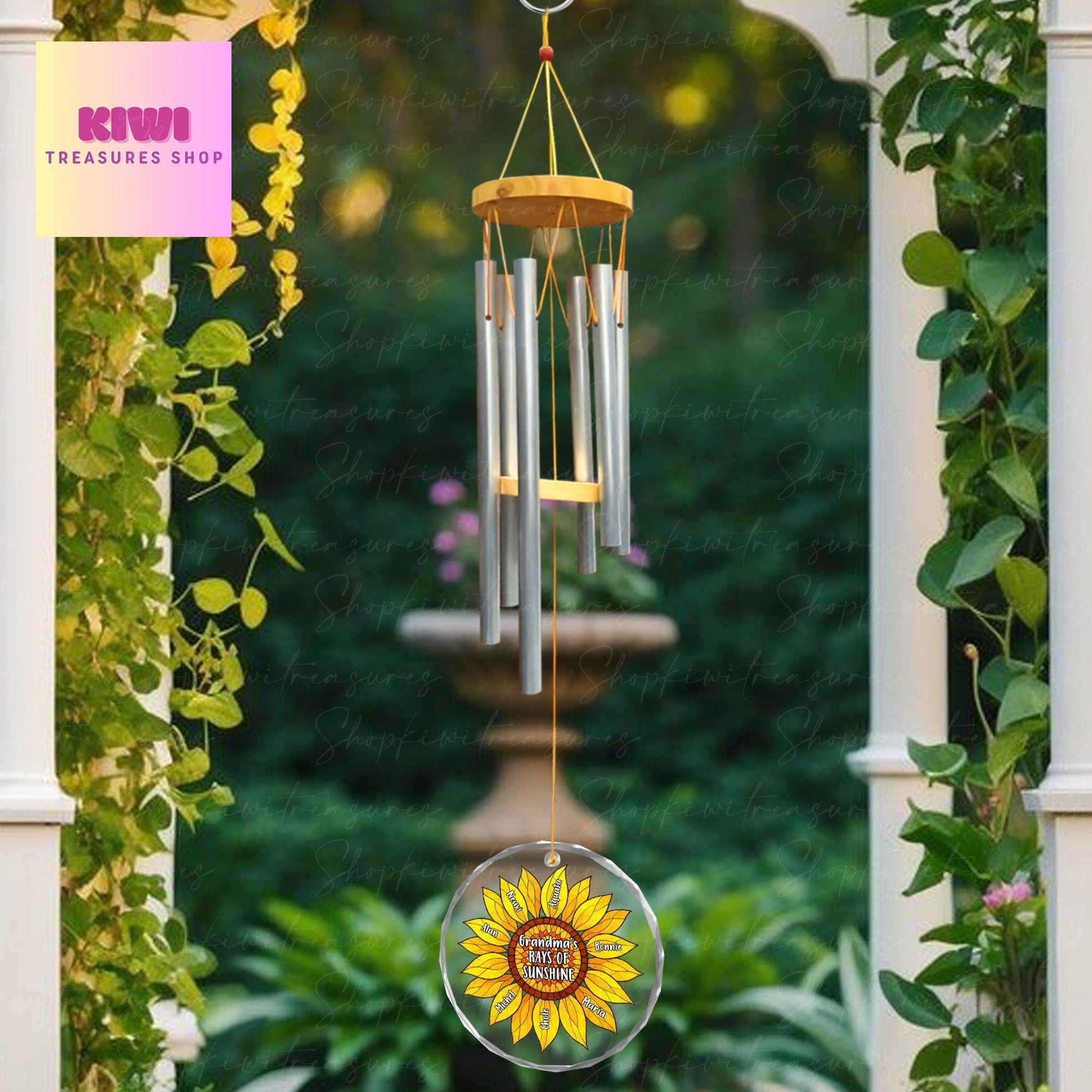 Grandma Wind Chime Gift with Grandkids Names – Sunflower Garden Windchime – Personalized Mother's Day Gift for Grandma from Grandchildren
