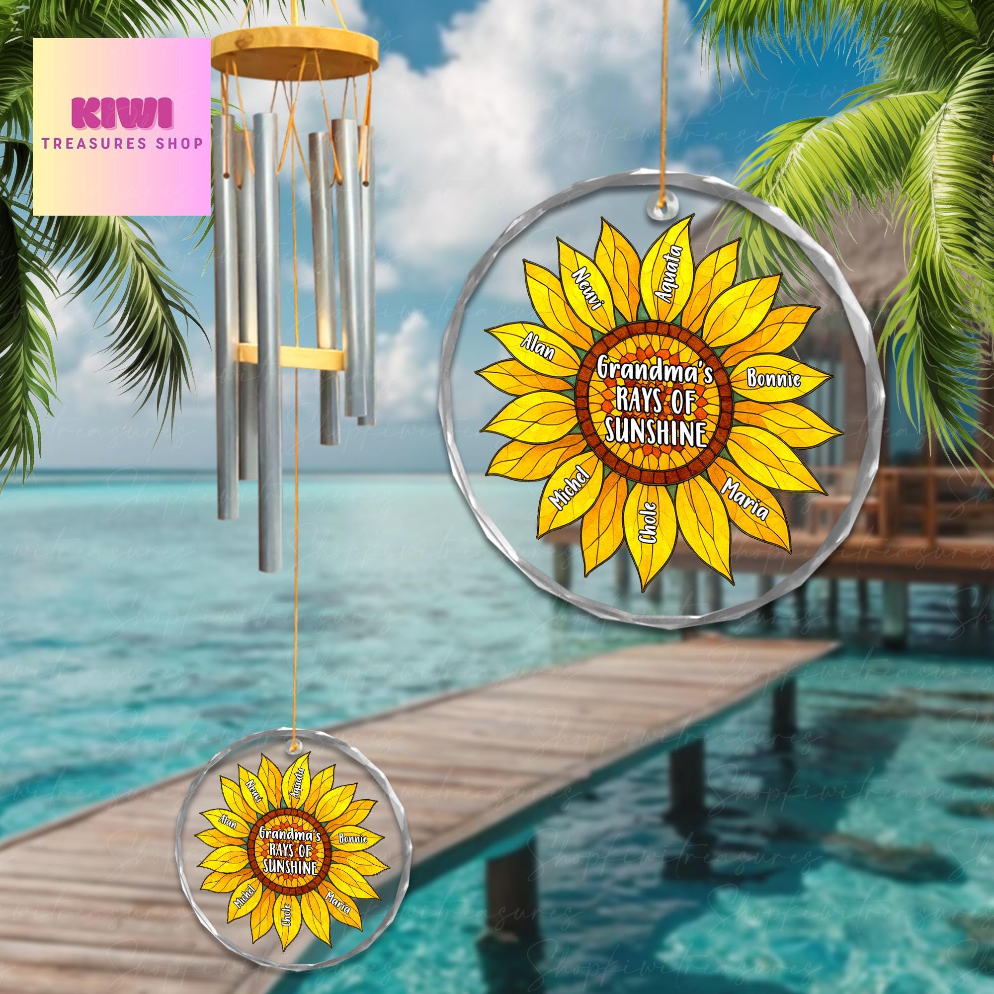 Grandma Wind Chime Gift with Grandkids Names – Sunflower Garden Windchime – Personalized Mother's Day Gift for Grandma from Grandchildren