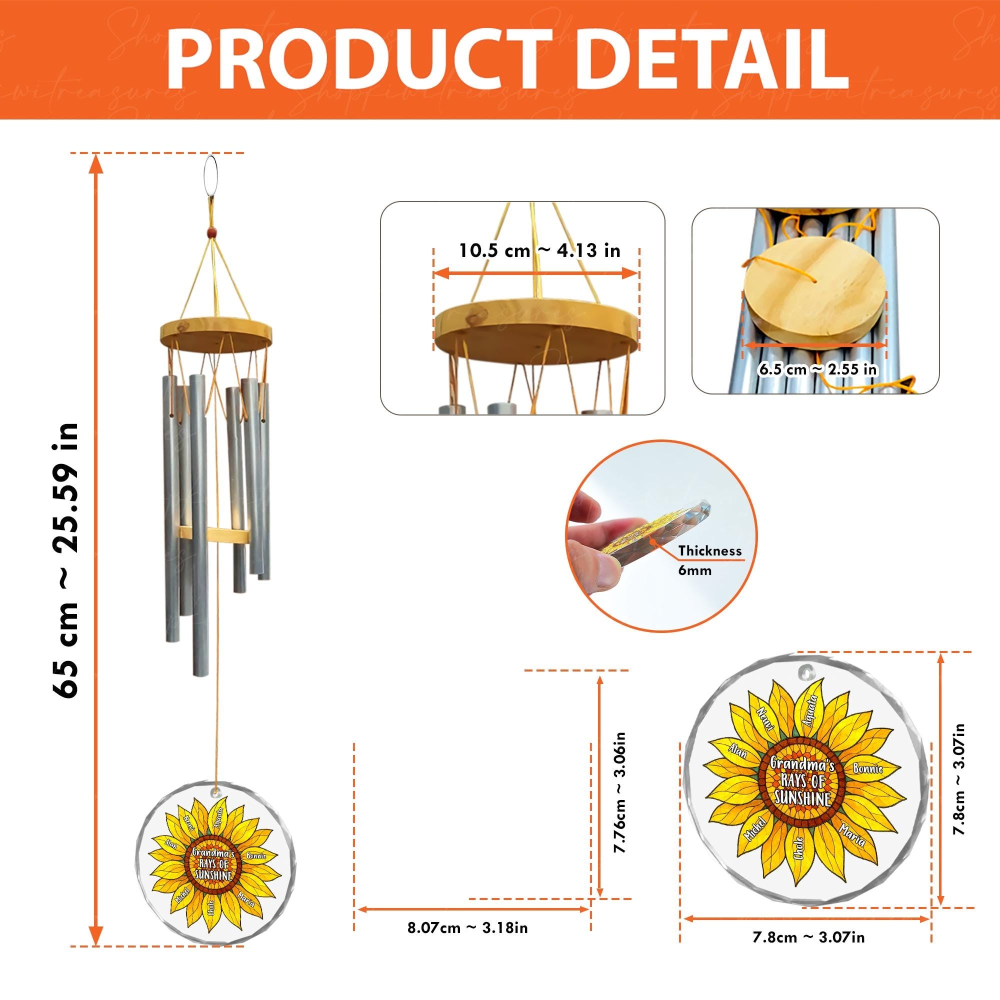 Grandma Wind Chime Gift with Grandkids Names – Sunflower Garden Windchime – Personalized Mother's Day Gift for Grandma from Grandchildren
