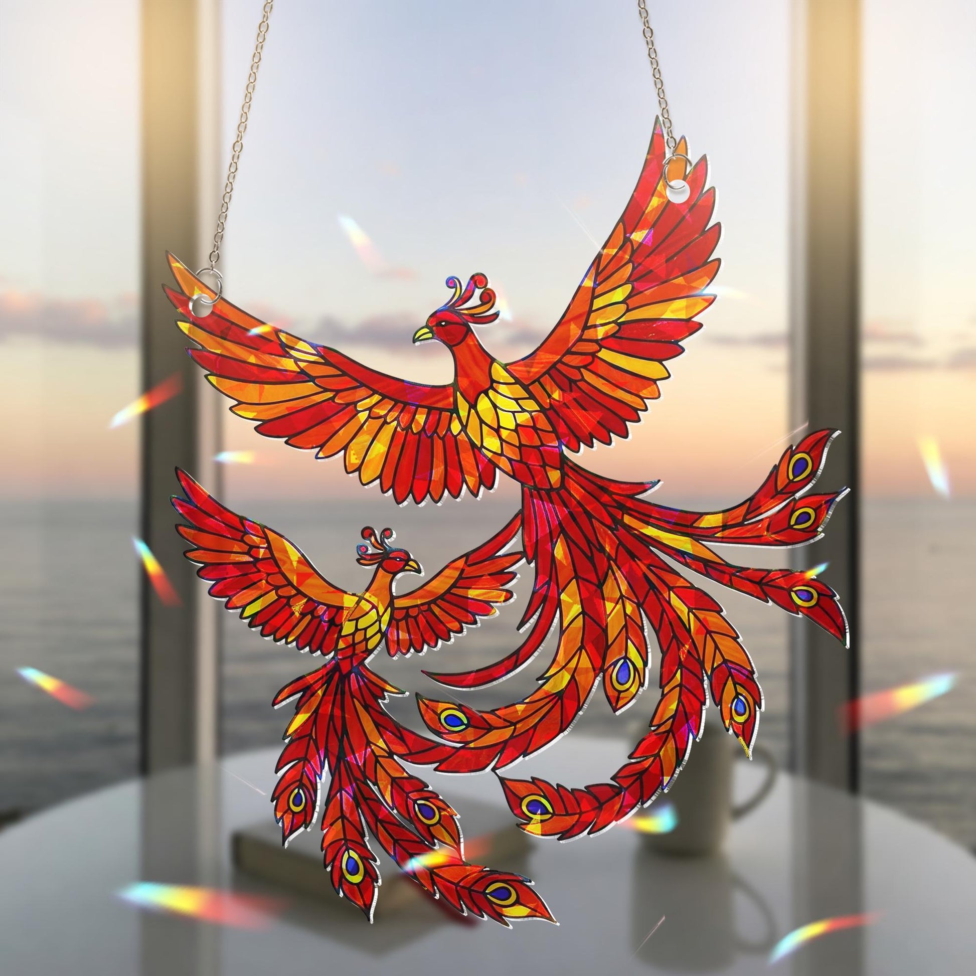 Phoenix Motherhood Suncatcher | Holographic Acrylic Window Hanging | Firebird Love Decor | Mother's Day Gift | Stained Glass Style Birds