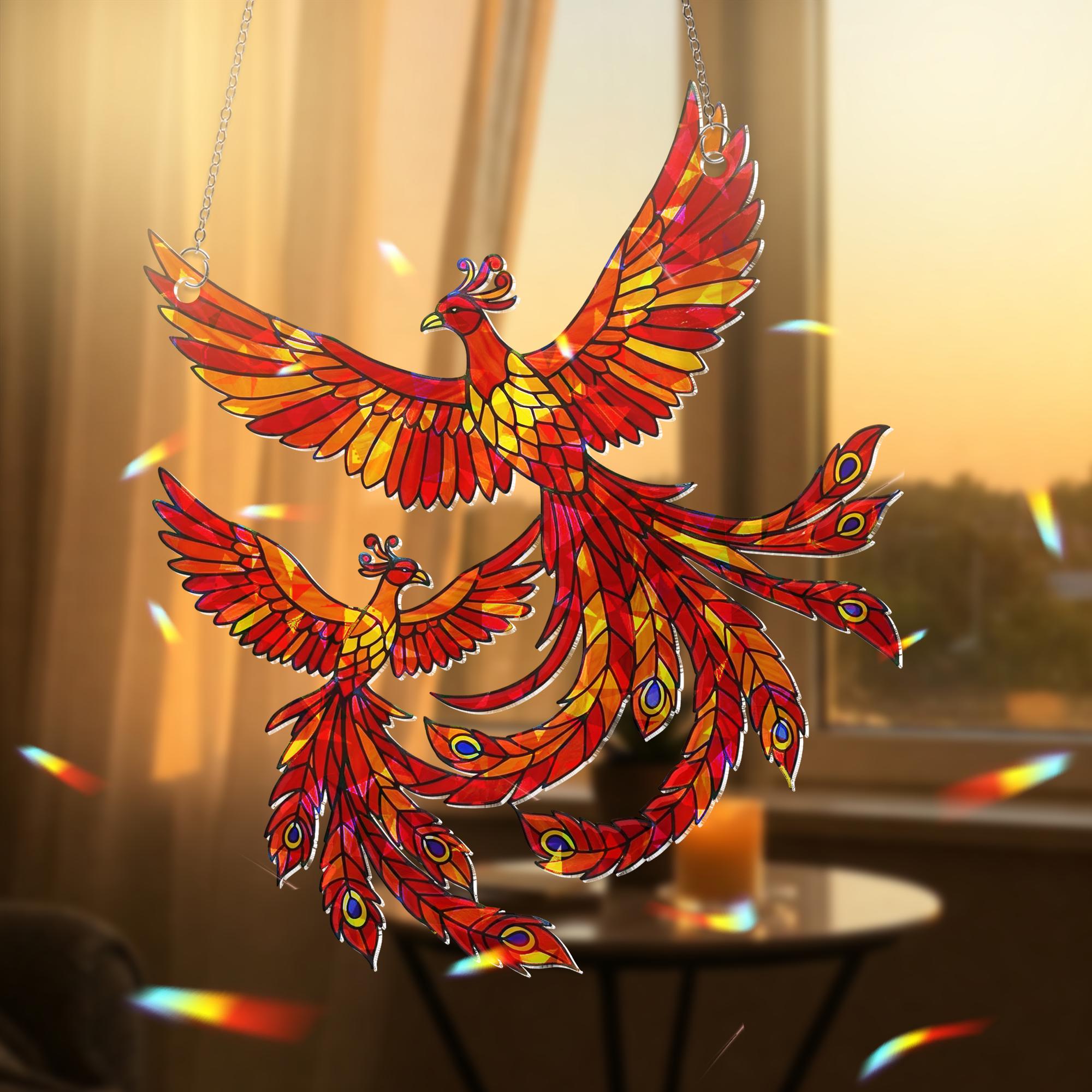 Phoenix Motherhood Suncatcher | Holographic Acrylic Window Hanging | Firebird Love Decor | Mother's Day Gift | Stained Glass Style Birds
