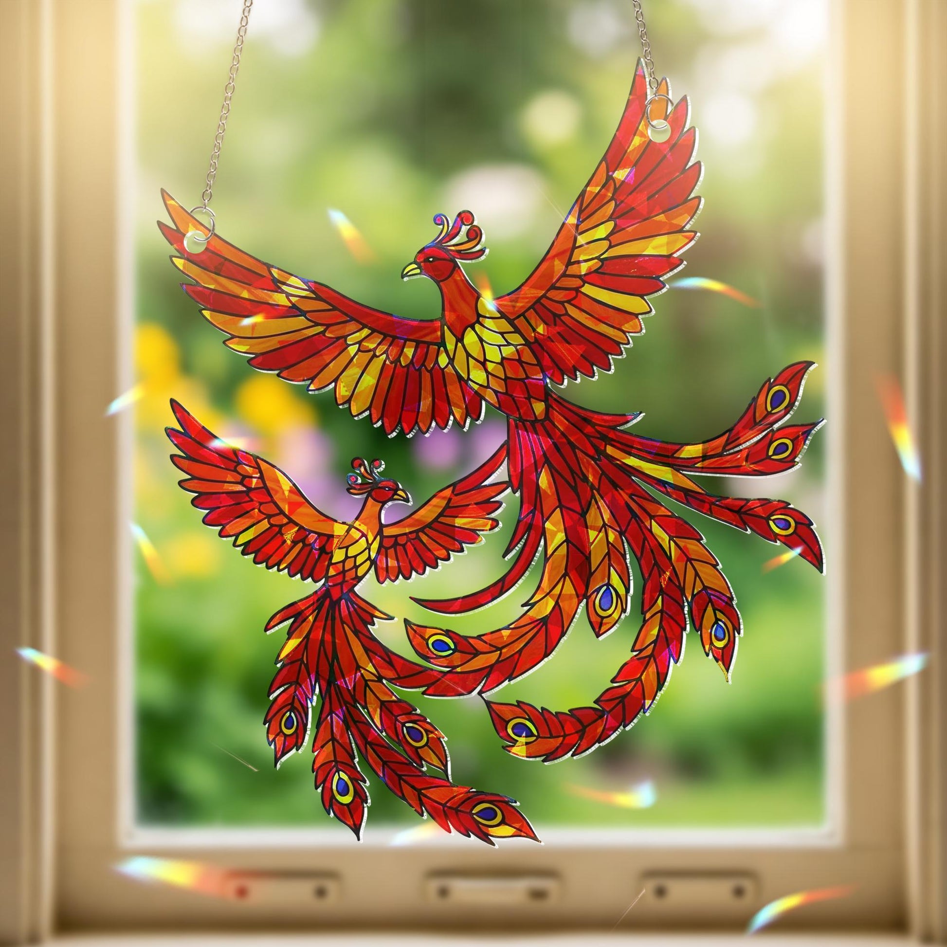 Phoenix Motherhood Suncatcher | Holographic Acrylic Window Hanging | Firebird Love Decor | Mother's Day Gift | Stained Glass Style Birds