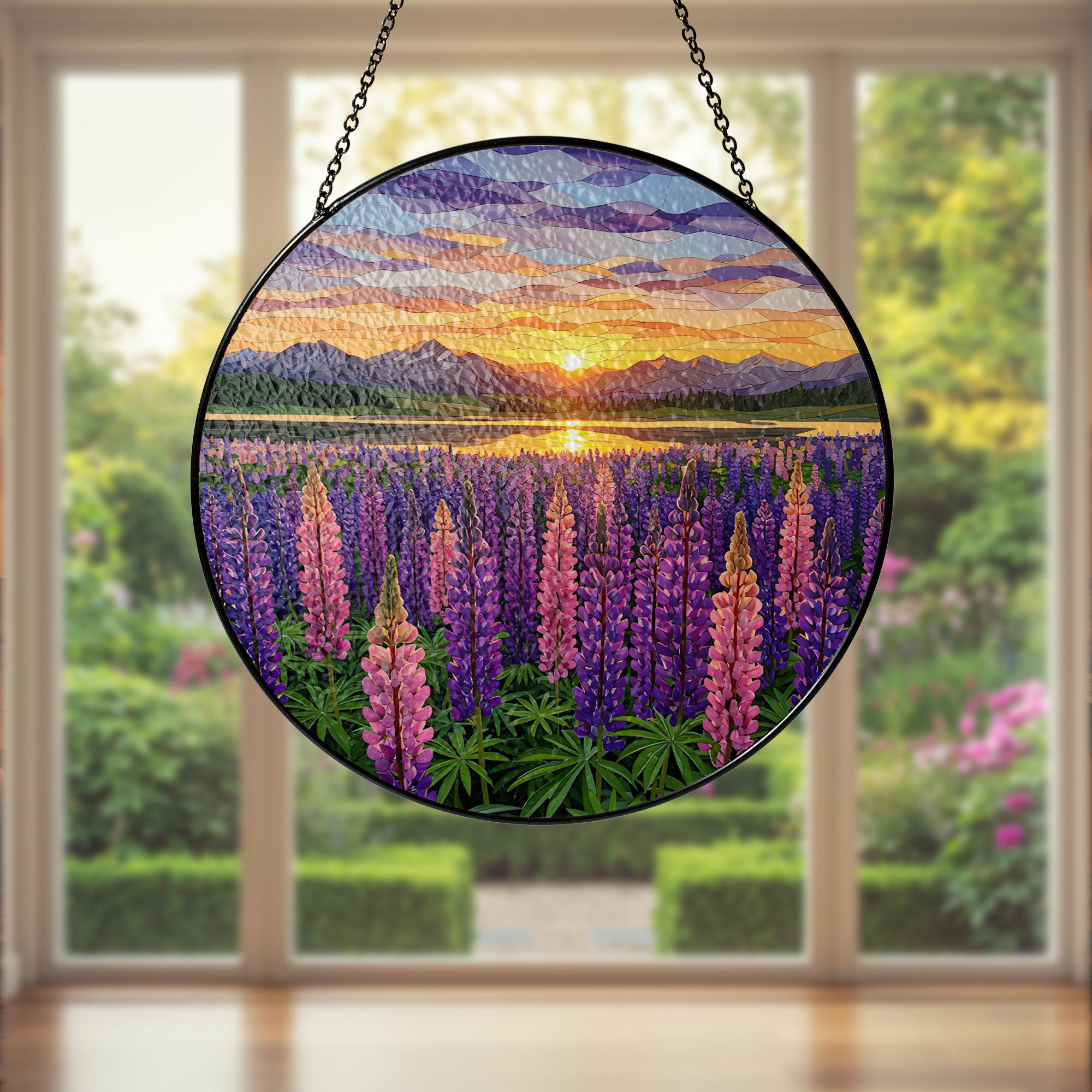 Lupine Flower Field GLASS Suncatcher,  Glass Wildflower Art, Sunset Window Hanging, Nature Decor, Floral Gift for Her, Elegant Home decor