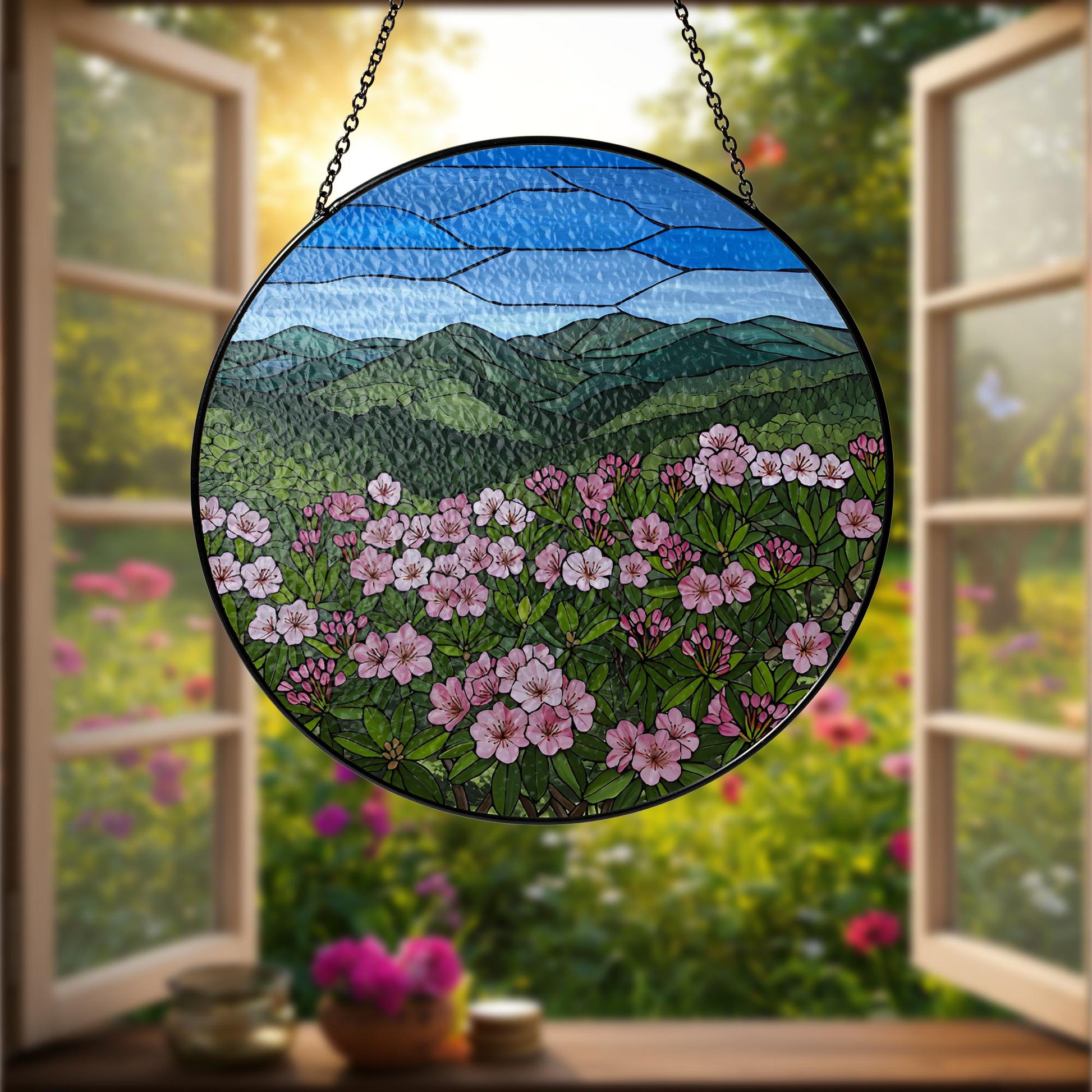 Mountain Laurel Flower GLASS Suncatcher, Glass Wildflower Art, Scenic Window Hanging, Floral Nature Decor, Garden Lover Gift, Flower Gift