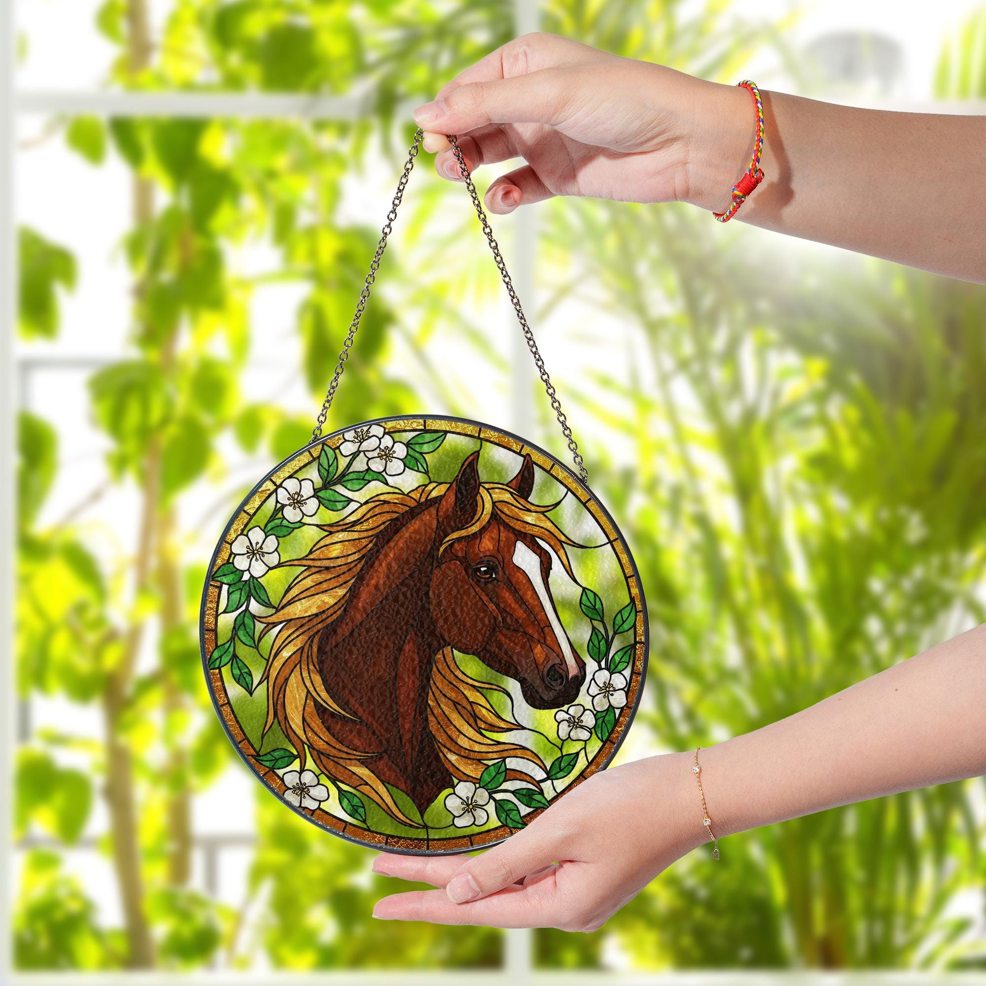 Equestrian Horse Glass Suncatcher – Window Hanging Gift for Mom, Horse Lover Decor, Mother's Day, Barn Home Accent, Rustic Charm, Dad Gift