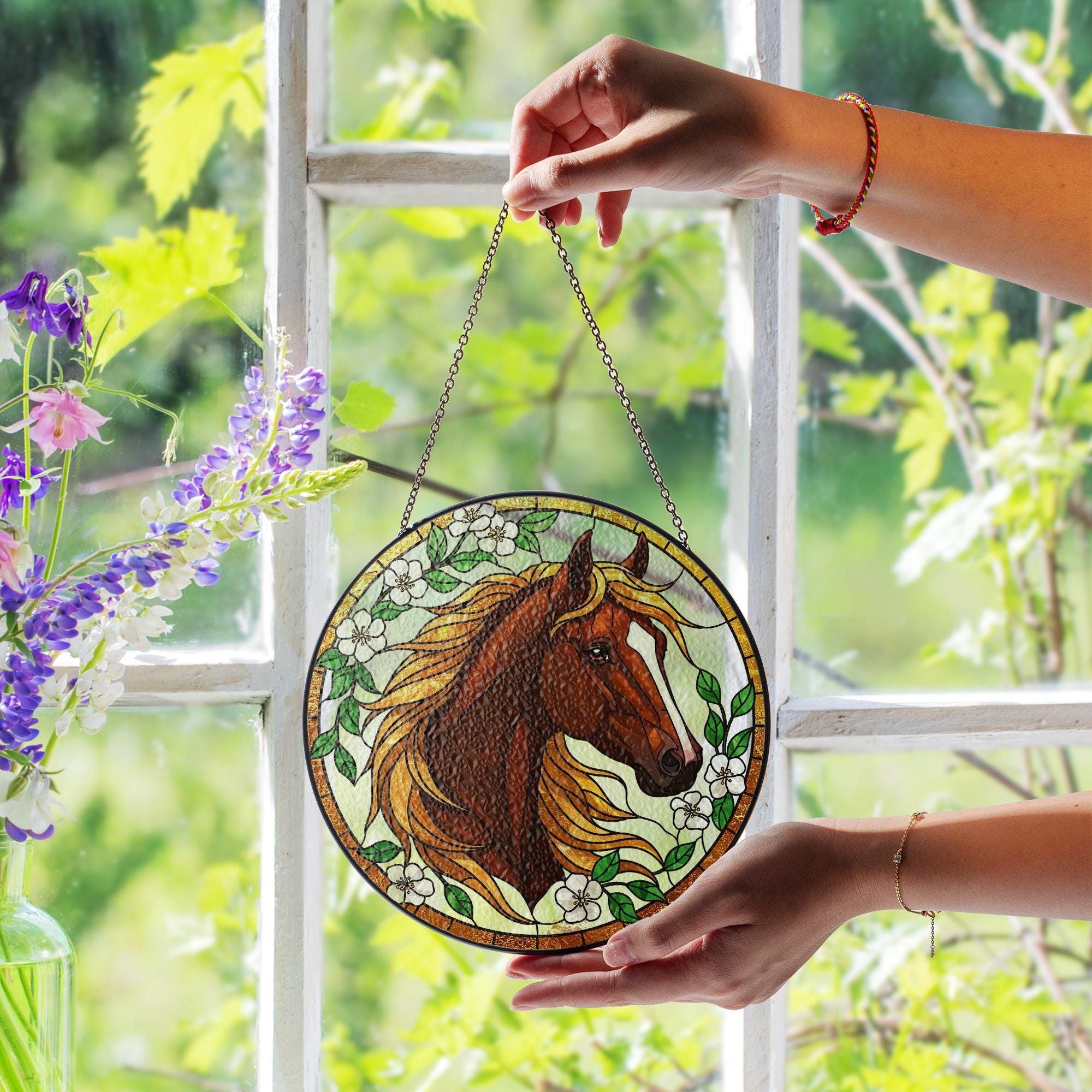 Equestrian Horse Glass Suncatcher – Window Hanging Gift for Mom, Horse Lover Decor, Mother's Day, Barn Home Accent, Rustic Charm, Dad Gift