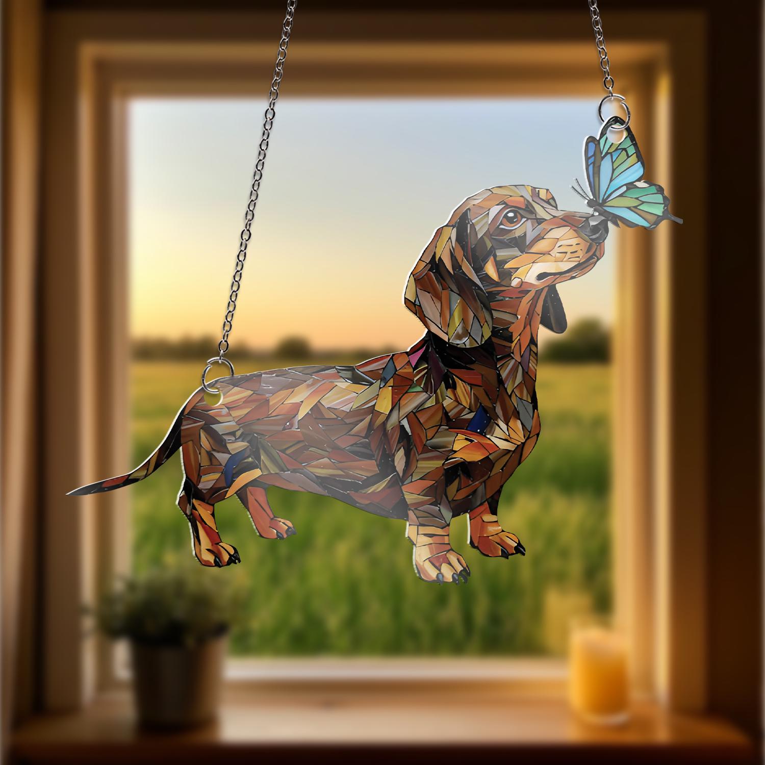 Dachshund with Butterfly, Acrylic Window Hanging, Cute Dog Suncatcher, Wiener Dog Gift, Pet Lover Home Decor, Dachshund Mom Gift, Dog Mom