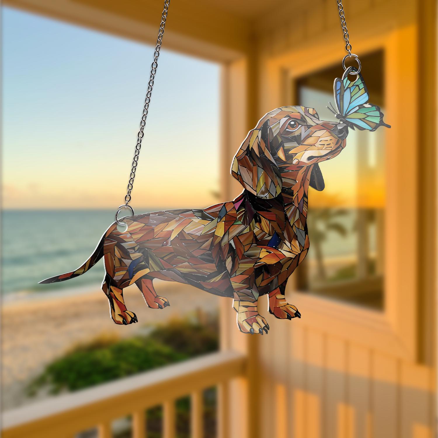 Dachshund with Butterfly, Acrylic Window Hanging, Cute Dog Suncatcher, Wiener Dog Gift, Pet Lover Home Decor, Dachshund Mom Gift, Dog Mom