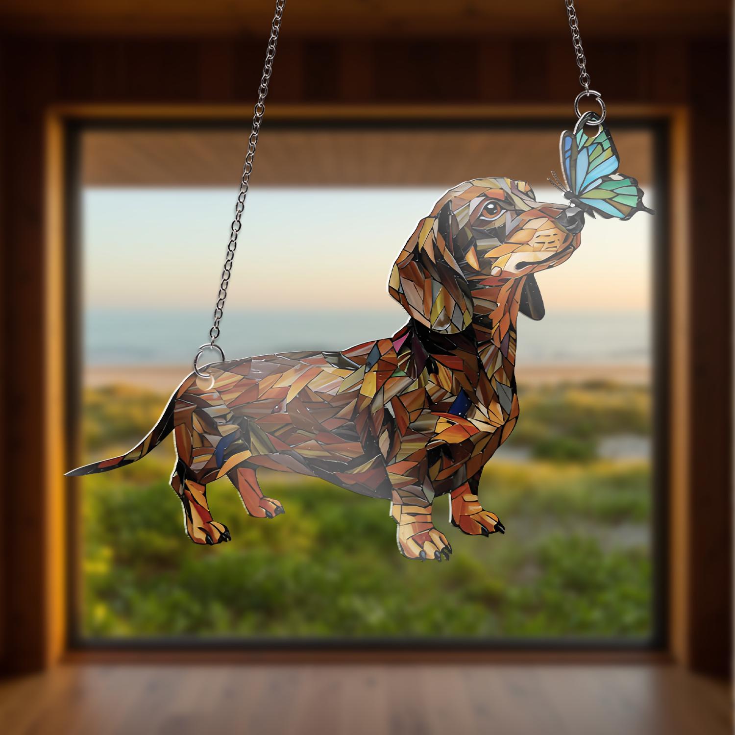 Dachshund with Butterfly, Acrylic Window Hanging, Cute Dog Suncatcher, Wiener Dog Gift, Pet Lover Home Decor, Dachshund Mom Gift, Dog Mom