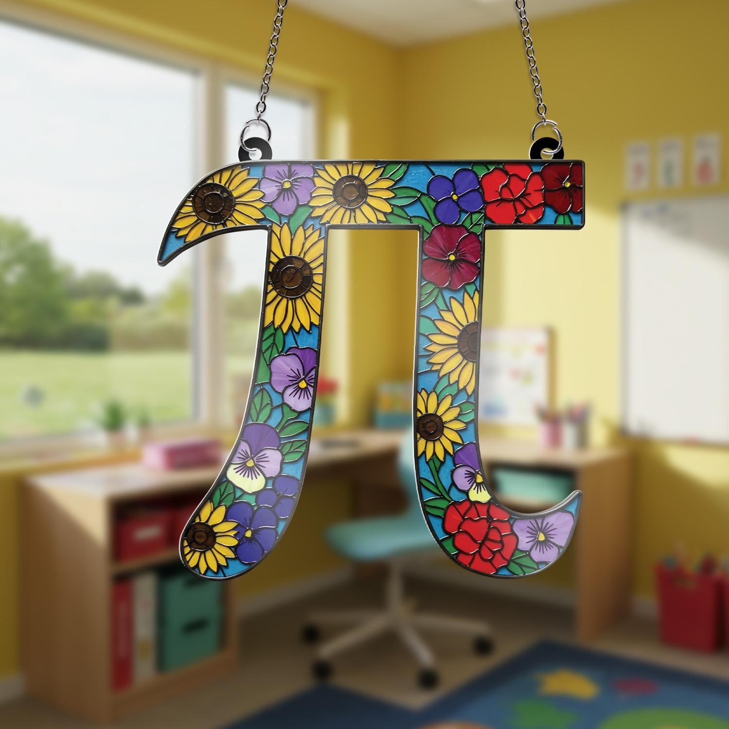 Floral Pi Symbol Acrylic Window Hanging, Math Teacher Gift, Unique Classroom Decor,Floral Teacher Gift, Appreciation Gift, End Of Year Gift