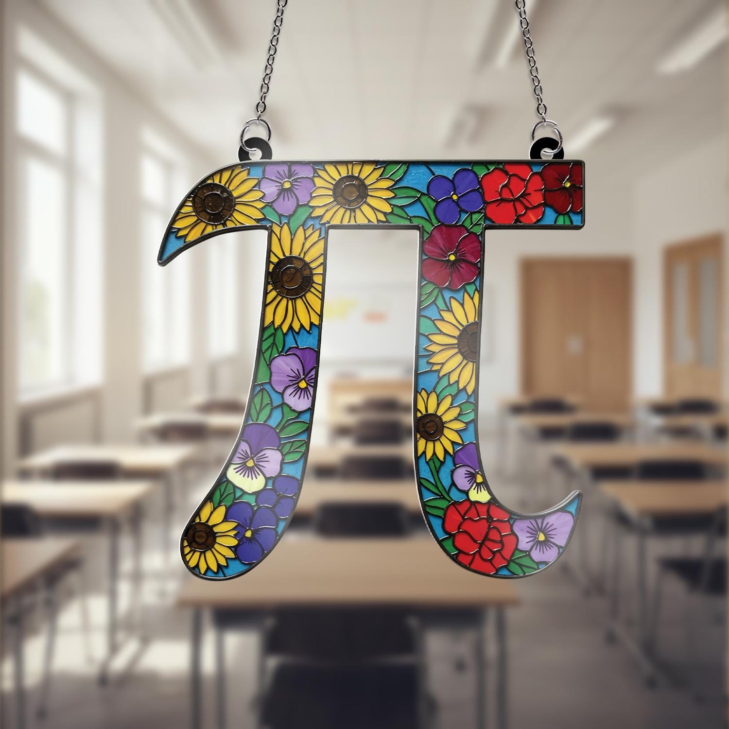 Floral Pi Symbol Acrylic Window Hanging, Math Teacher Gift, Unique Classroom Decor,Floral Teacher Gift, Appreciation Gift, End Of Year Gift