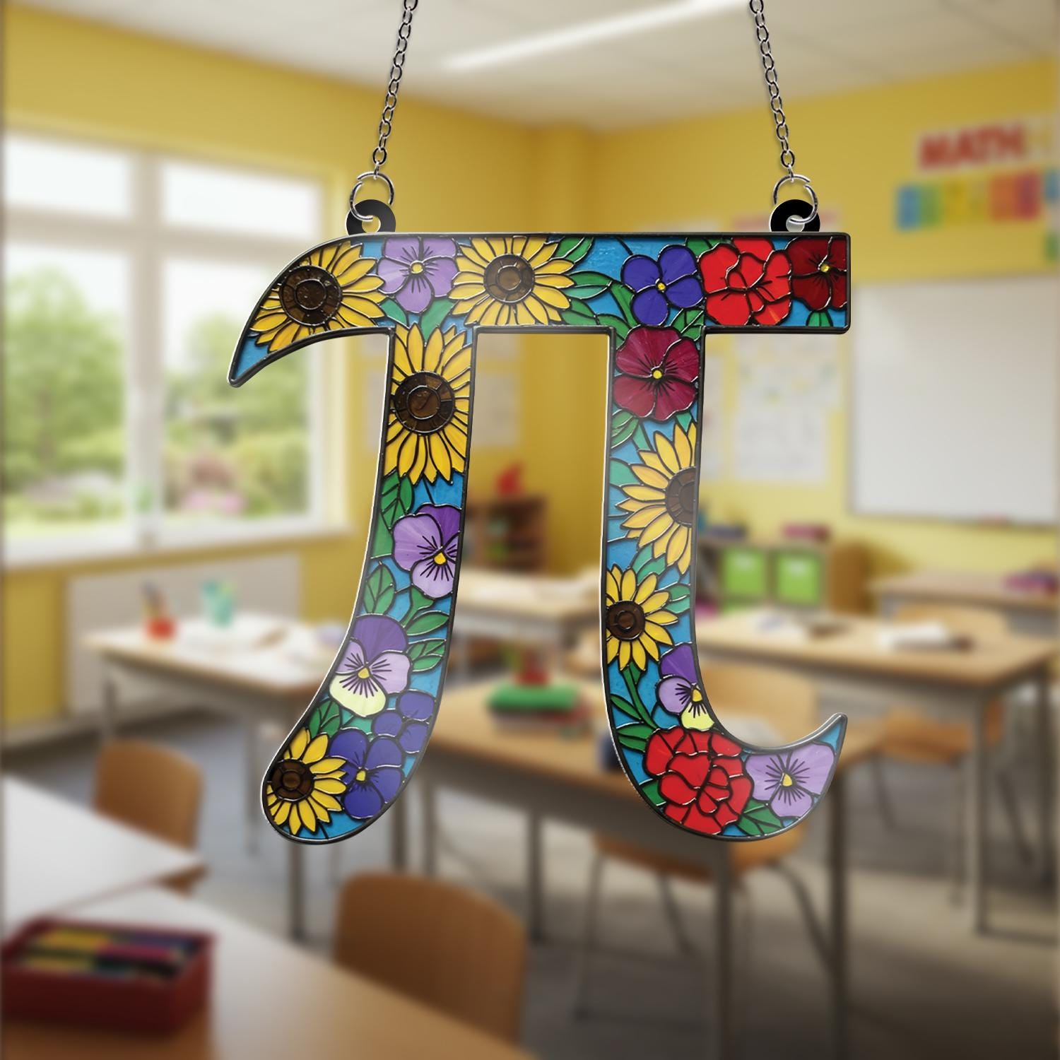 Floral Pi Symbol Acrylic Window Hanging, Math Teacher Gift, Unique Classroom Decor,Floral Teacher Gift, Appreciation Gift, End Of Year Gift