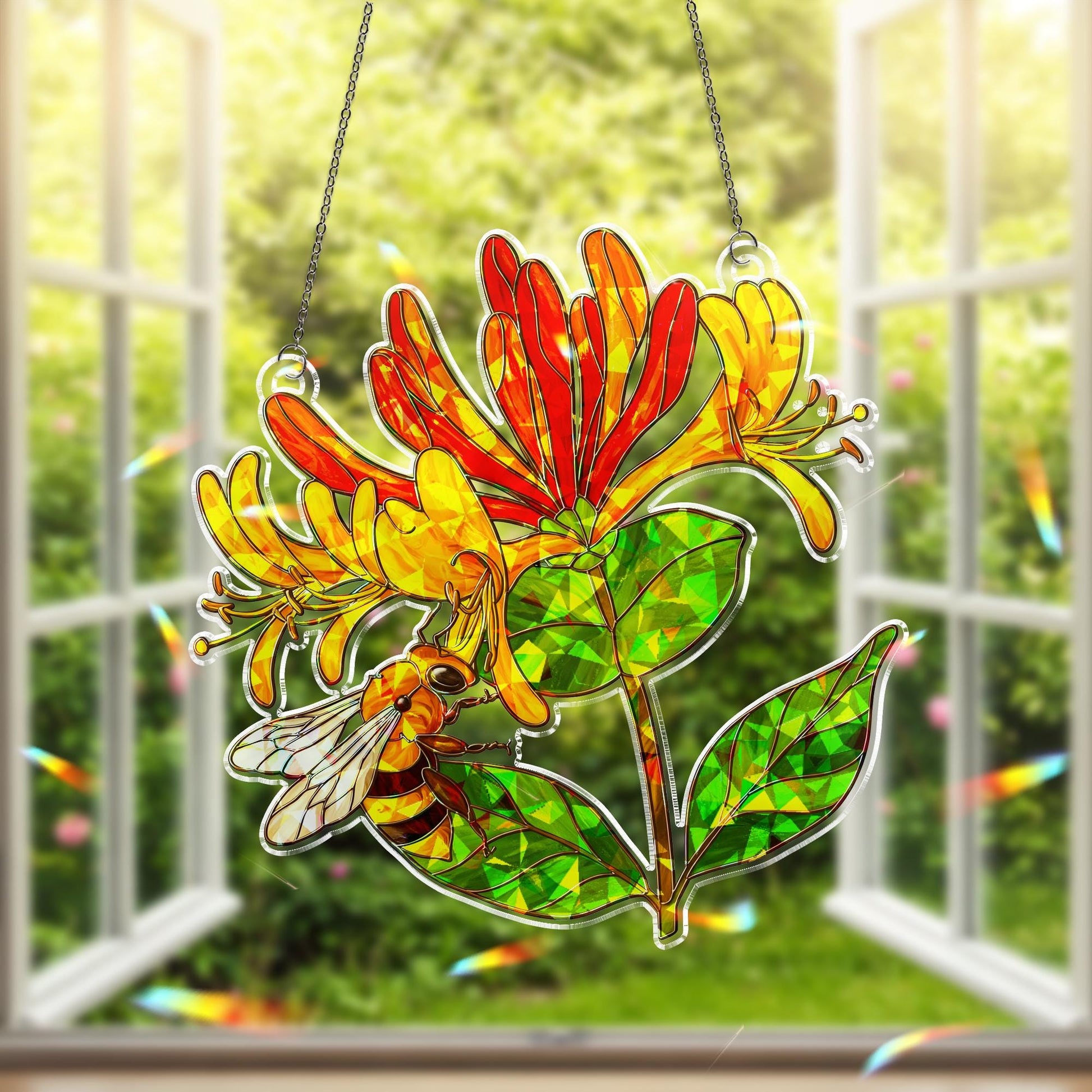 Honeysuckle Flower & Bee Acrylic Window Hanging, Hologram Ornament Decor, Gift for Mom, Gardener, Birth Flower, June Birthday Gift