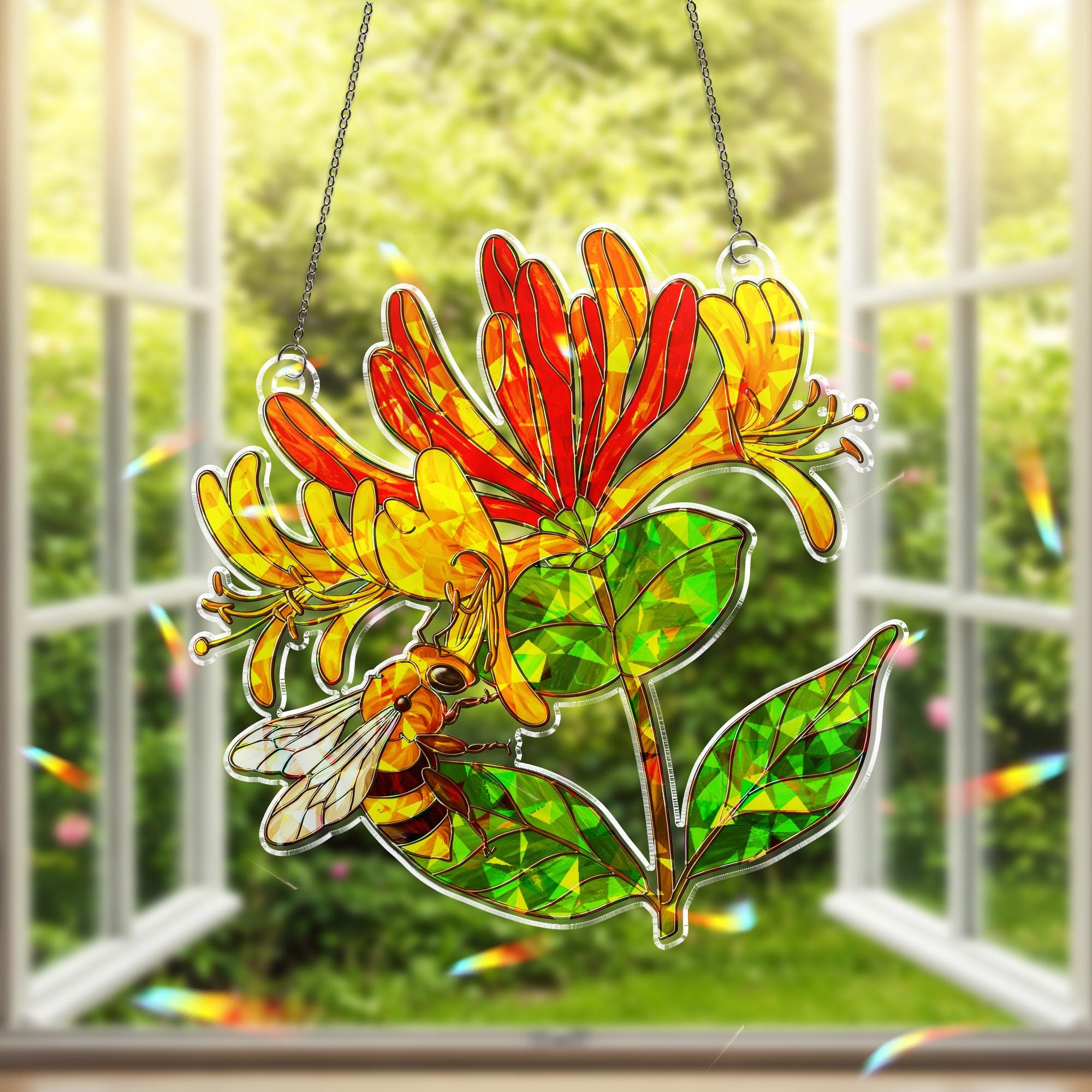 Honeysuckle Flower & Bee Acrylic Window Hanging, Hologram Ornament Decor, Gift for Mom, Gardener, Birth Flower, June Birthday Gift