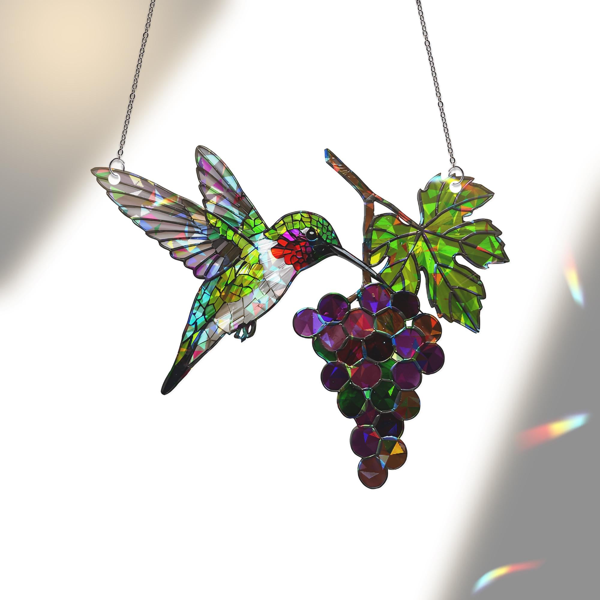 Hummingbird with Grapes Hologram ACRYLIC Window Hanging – Colorful Bird Suncatcher – Nature Kitchen Decor – Gift for Bird Lovers - Mom Gift