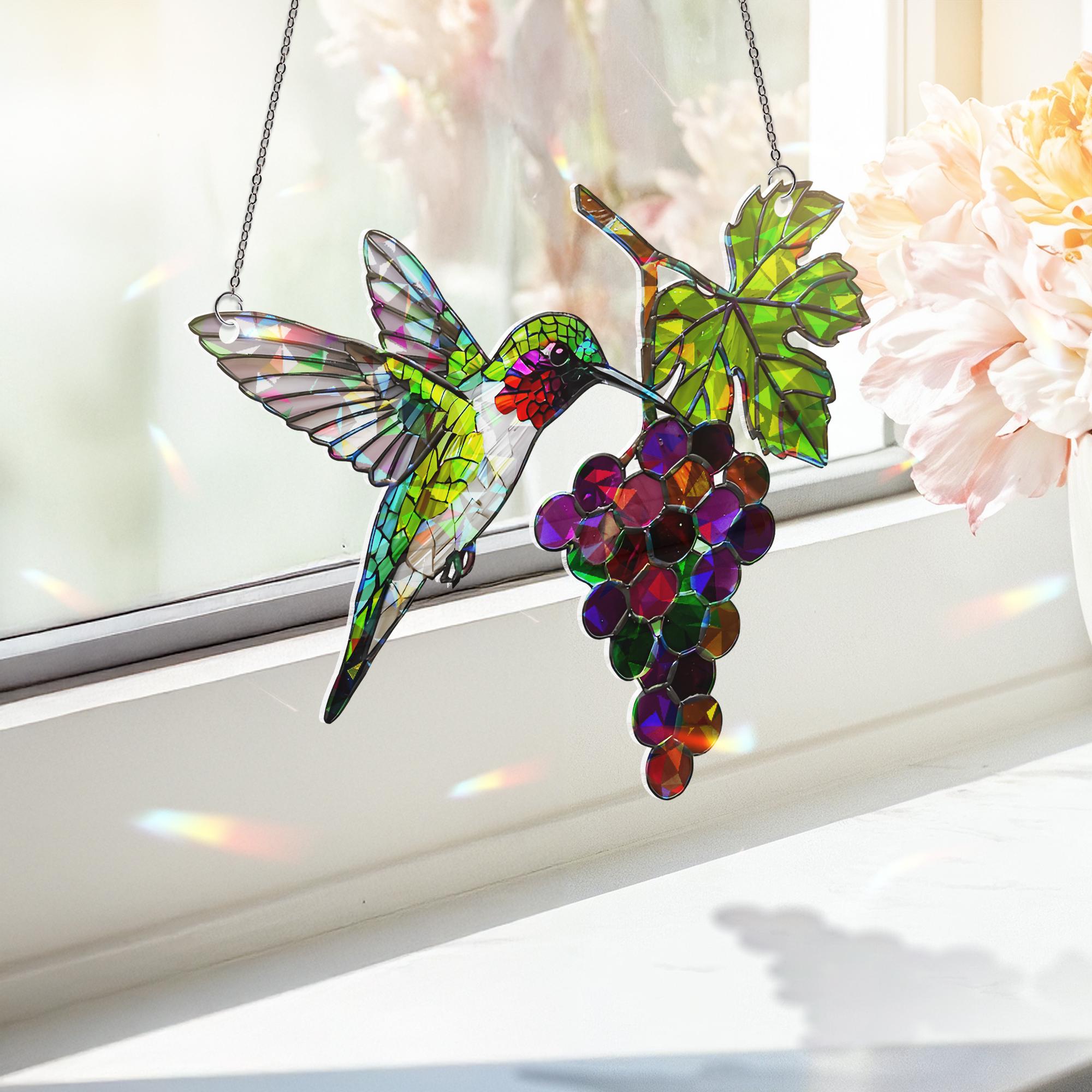 Hummingbird with Grapes Hologram ACRYLIC Window Hanging – Colorful Bird Suncatcher – Nature Kitchen Decor – Gift for Bird Lovers - Mom Gift