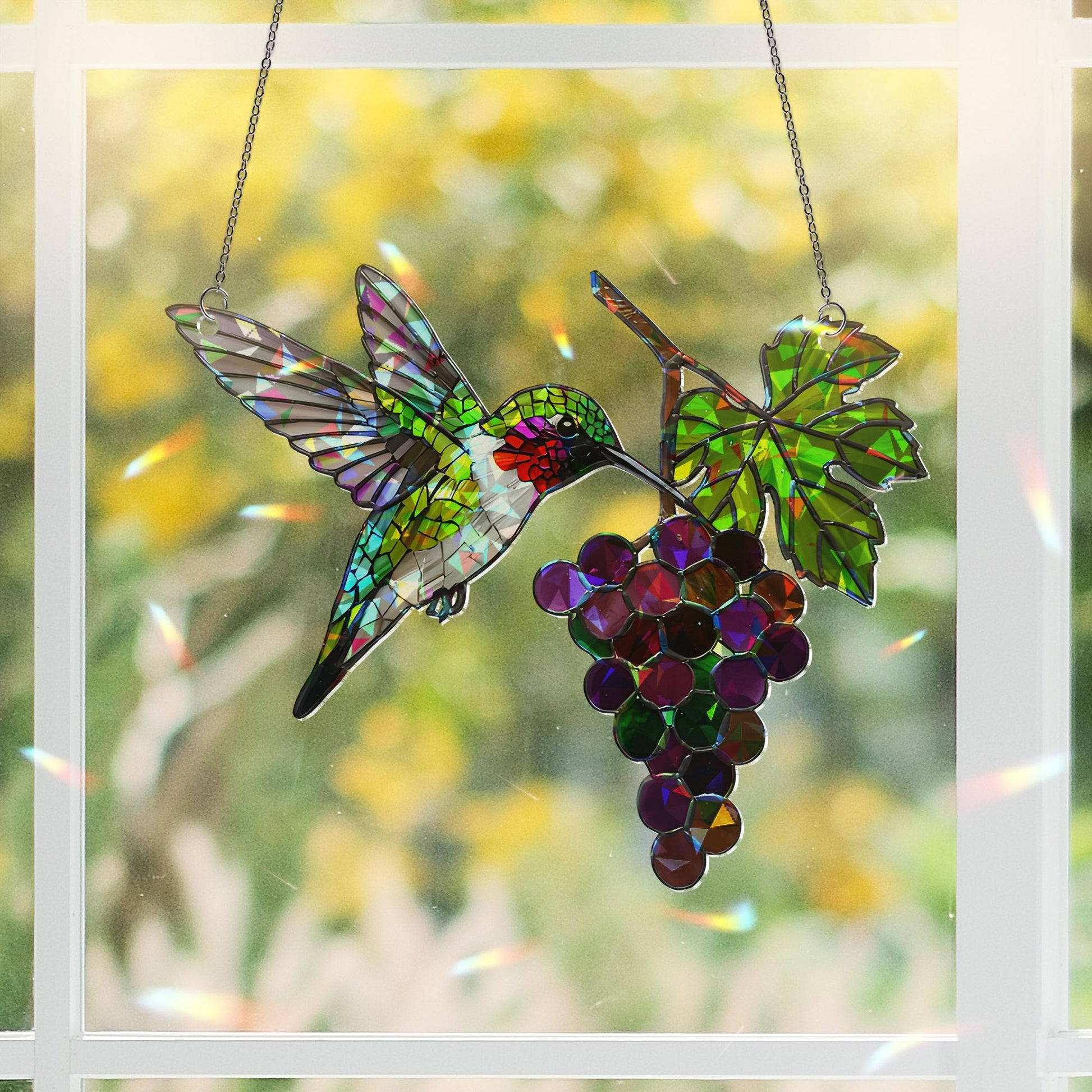 Hummingbird with Grapes Hologram ACRYLIC Window Hanging – Colorful Bird Suncatcher – Nature Kitchen Decor – Gift for Bird Lovers - Mom Gift