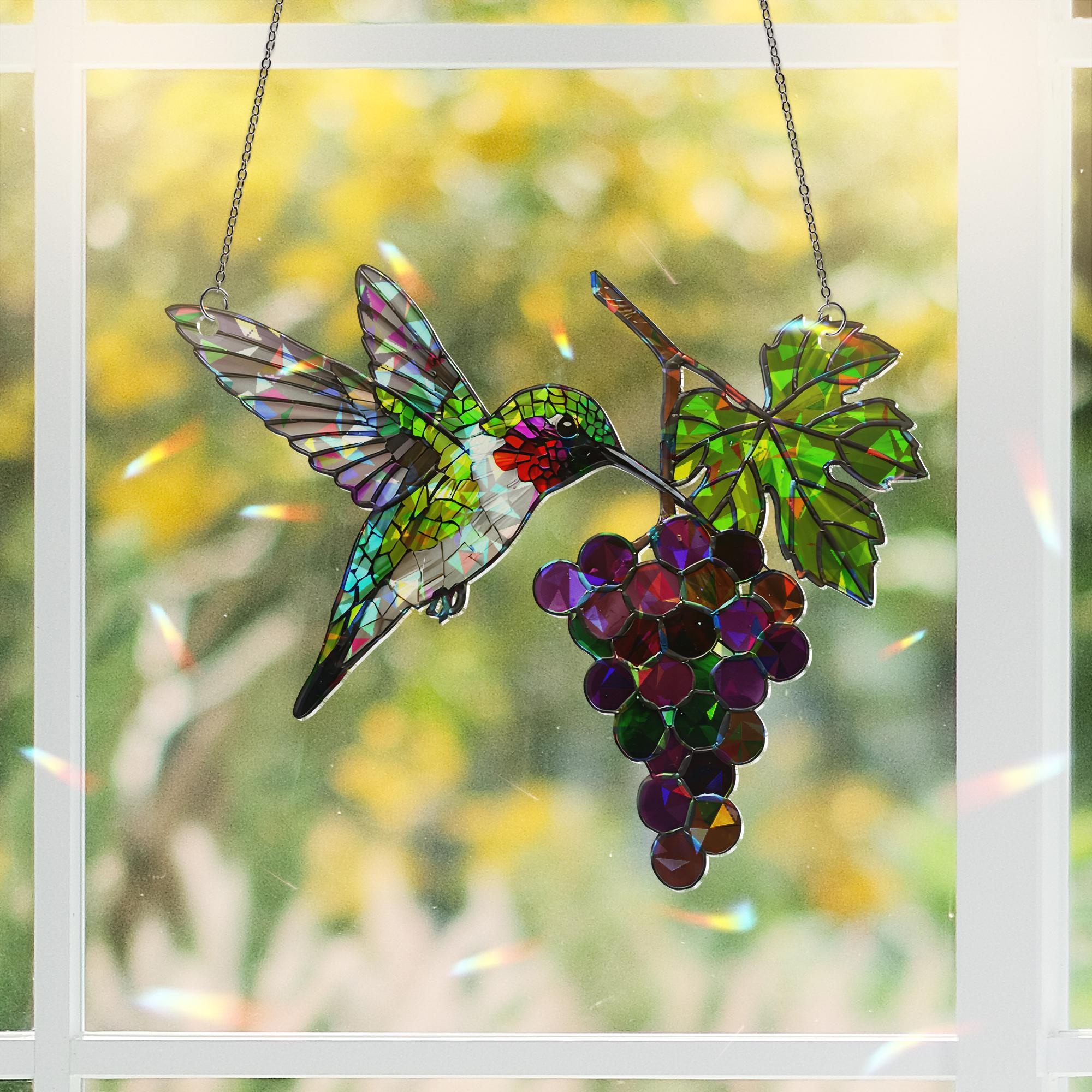 Hummingbird with Grapes Hologram ACRYLIC Window Hanging – Colorful Bird Suncatcher – Nature Kitchen Decor – Gift for Bird Lovers - Mom Gift