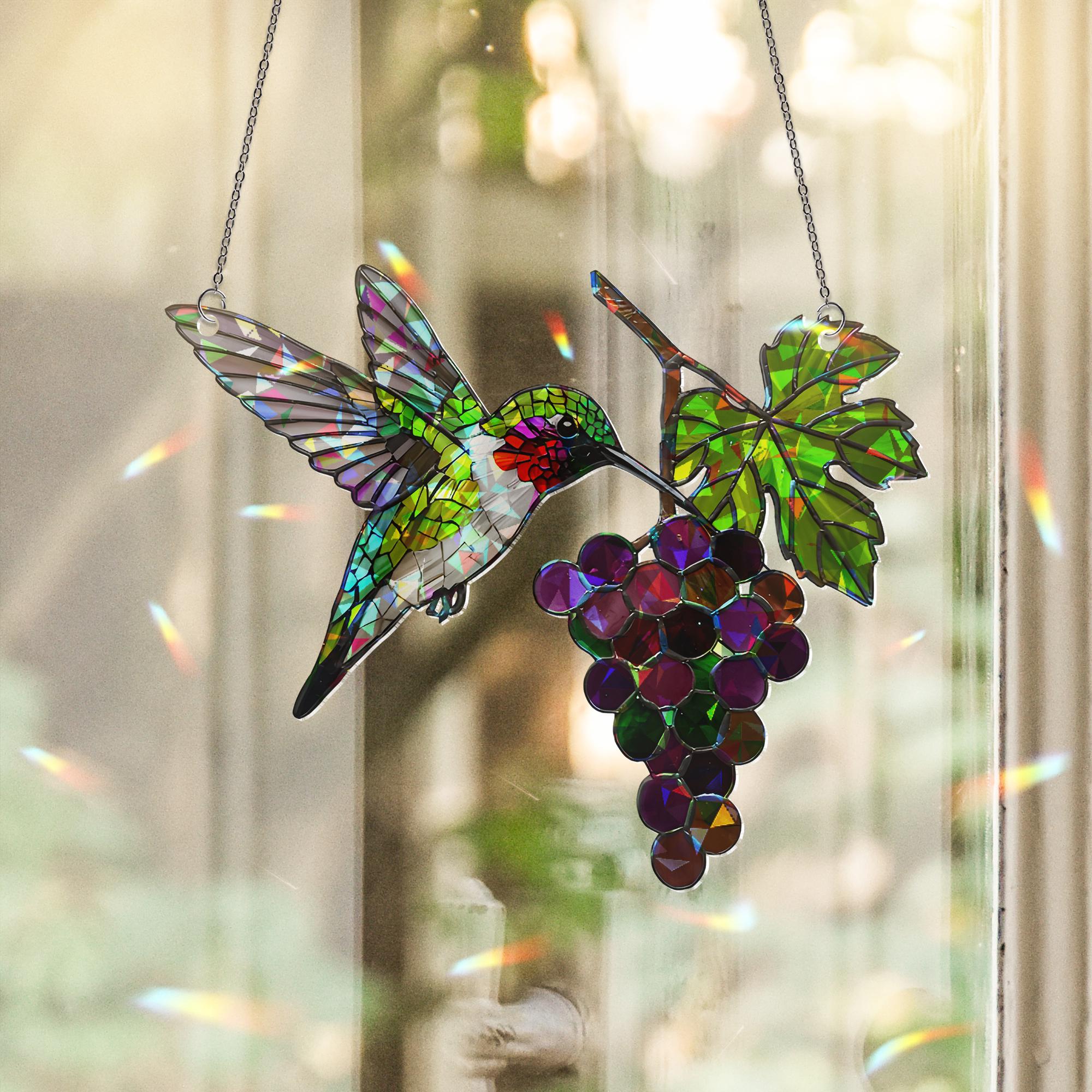 Hummingbird with Grapes Hologram ACRYLIC Window Hanging – Colorful Bird Suncatcher – Nature Kitchen Decor – Gift for Bird Lovers - Mom Gift