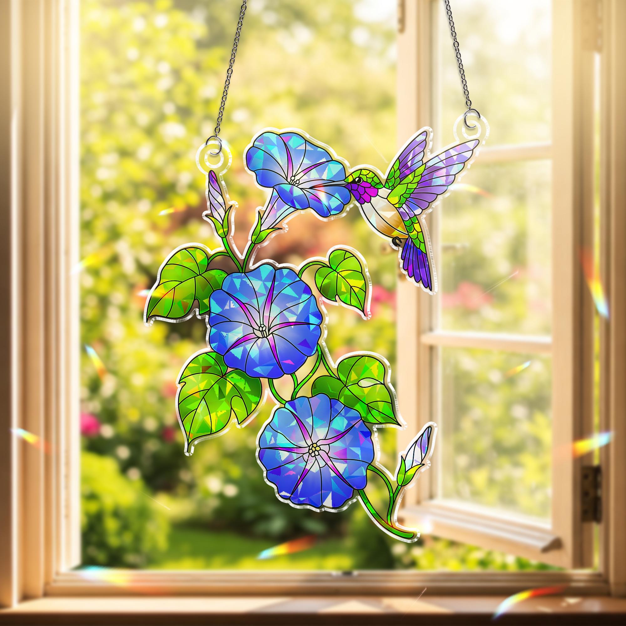 Morning Glory & Hummingbird Acrylic Window Hanging, Hologram Ornament Decor, Gift for Mom, Gardener, Birth Flower, September Birthday Gift