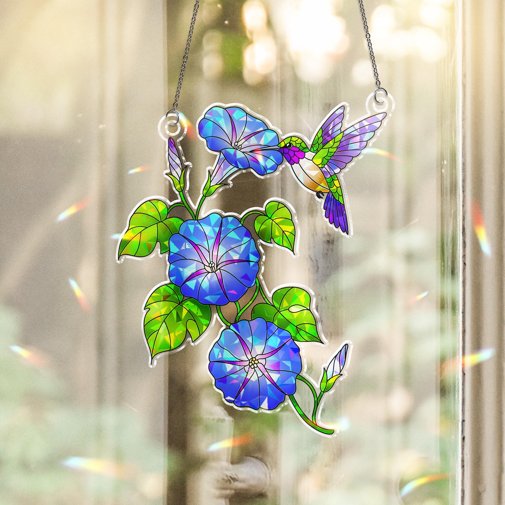 Morning Glory & Hummingbird Acrylic Window Hanging, Hologram Ornament Decor, Gift for Mom, Gardener, Birth Flower, September Birthday Gift