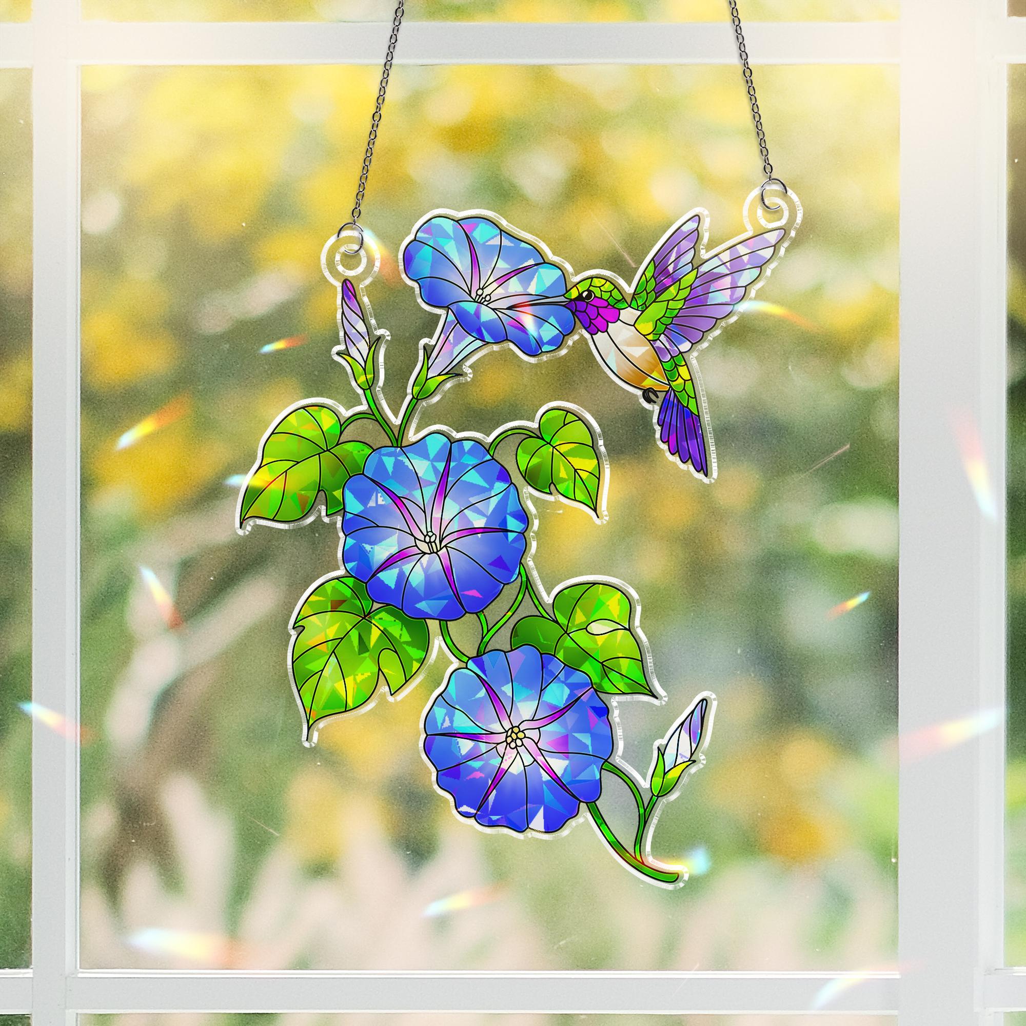 Morning Glory & Hummingbird Acrylic Window Hanging, Hologram Ornament Decor, Gift for Mom, Gardener, Birth Flower, September Birthday Gift