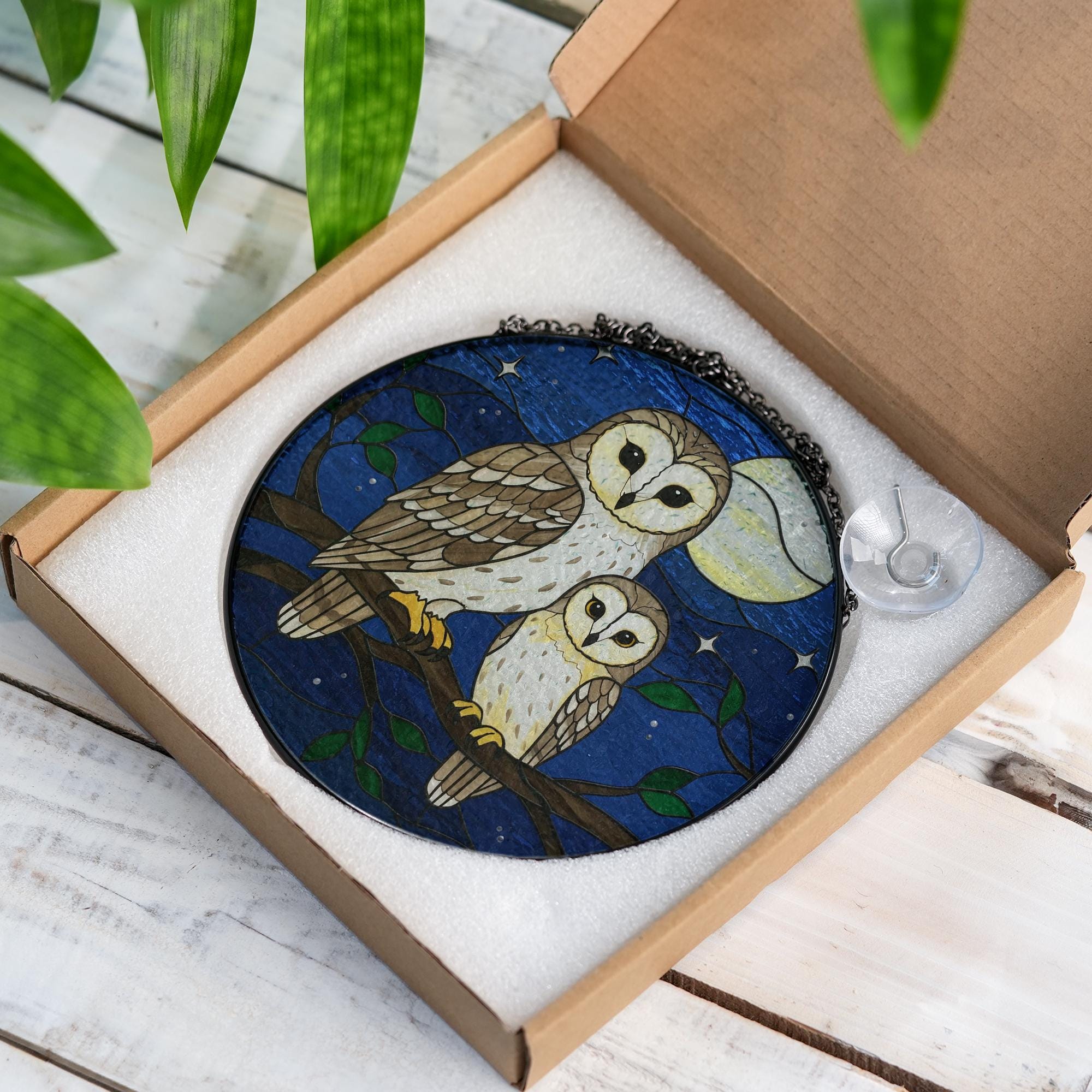 Owl Mom and Child Night Glass Suncatcher Window Hanging, Gift for Mom, Mother's Day Decor, Moonlight Forest Animal Ornament, Wildlife Animal