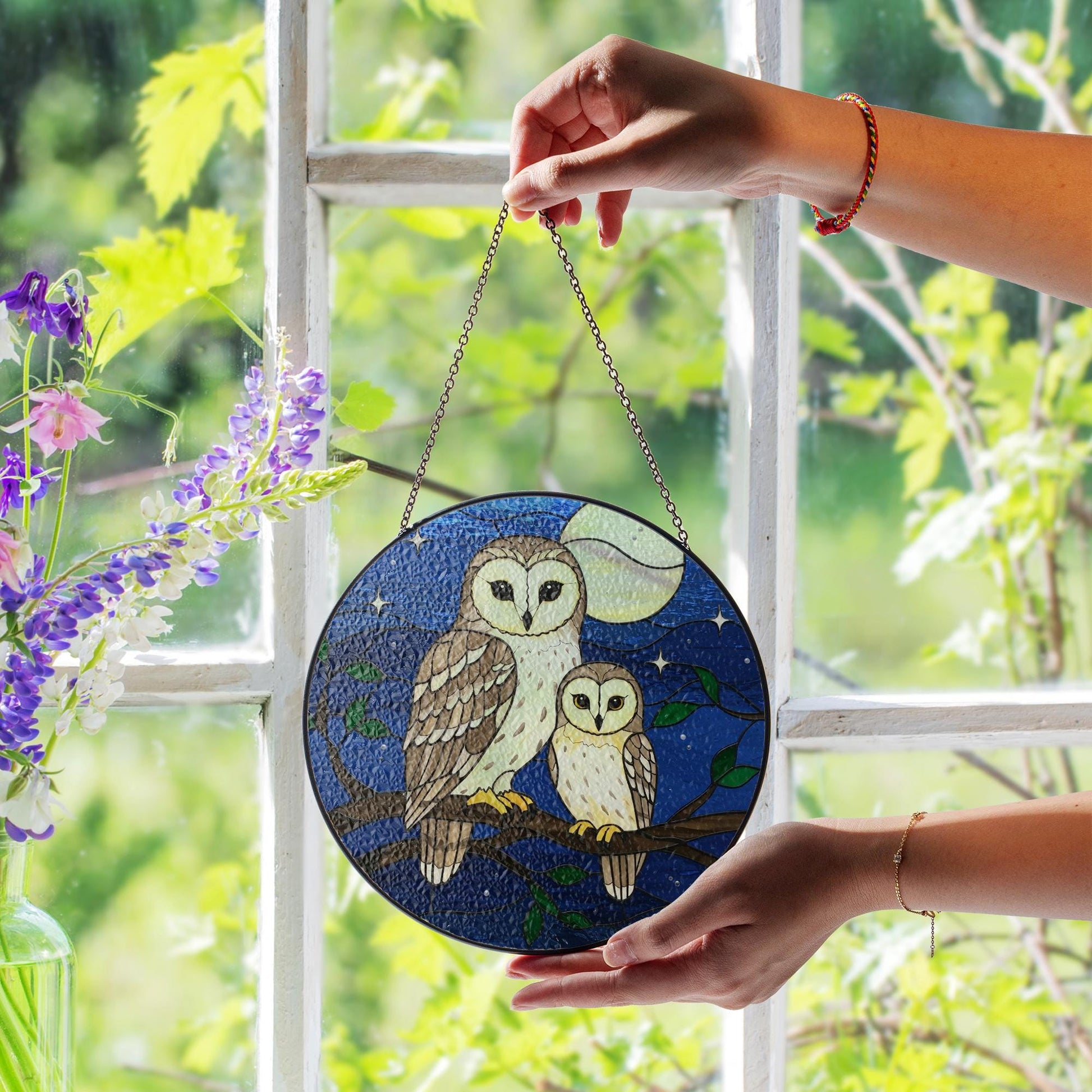 Owl Mom and Child Night Glass Suncatcher Window Hanging, Gift for Mom, Mother's Day Decor, Moonlight Forest Animal Ornament, Wildlife Animal