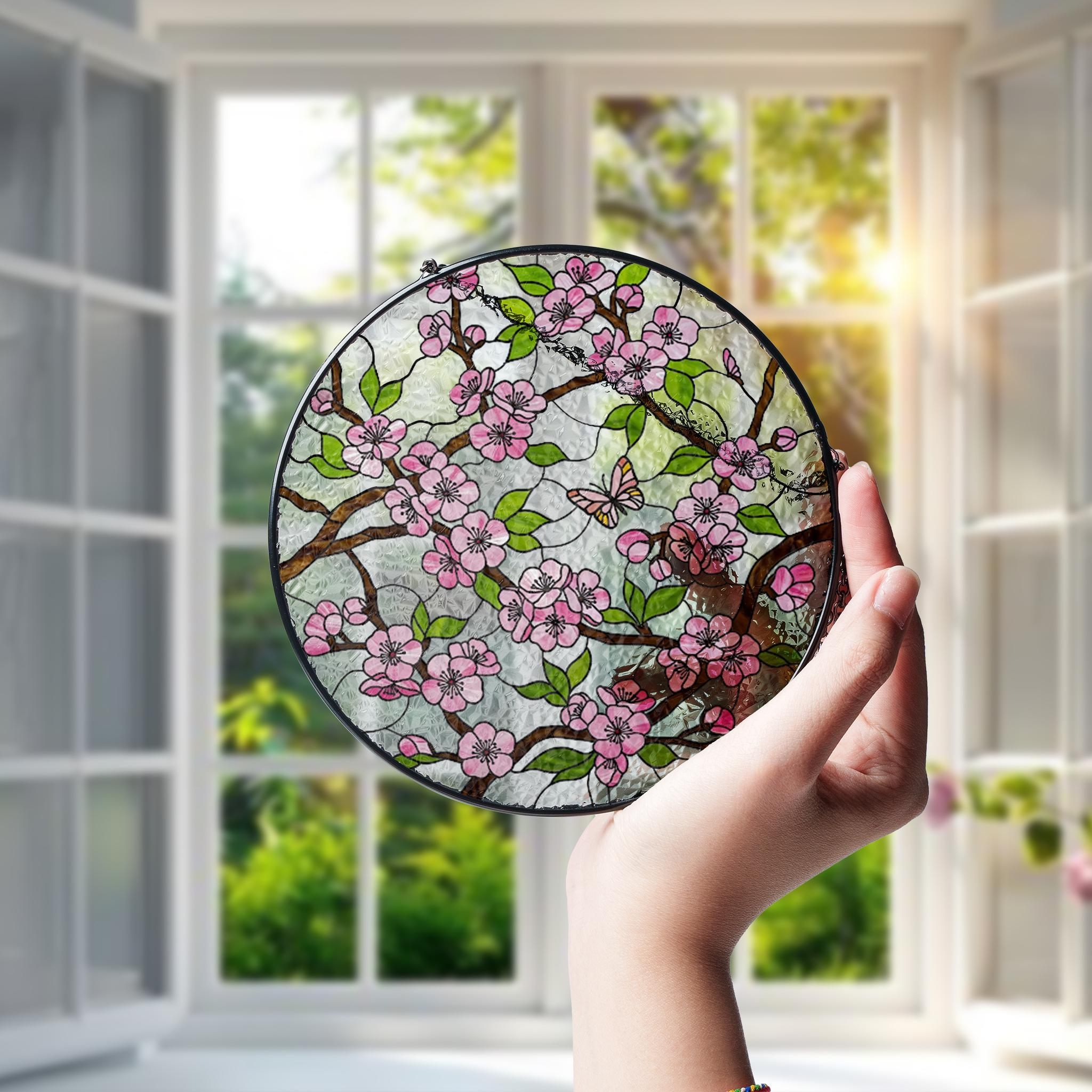 Cherry Blossom Glass Suncatcher – Floral Window Art Gift for Mom, Grandma, or Birthday Decor