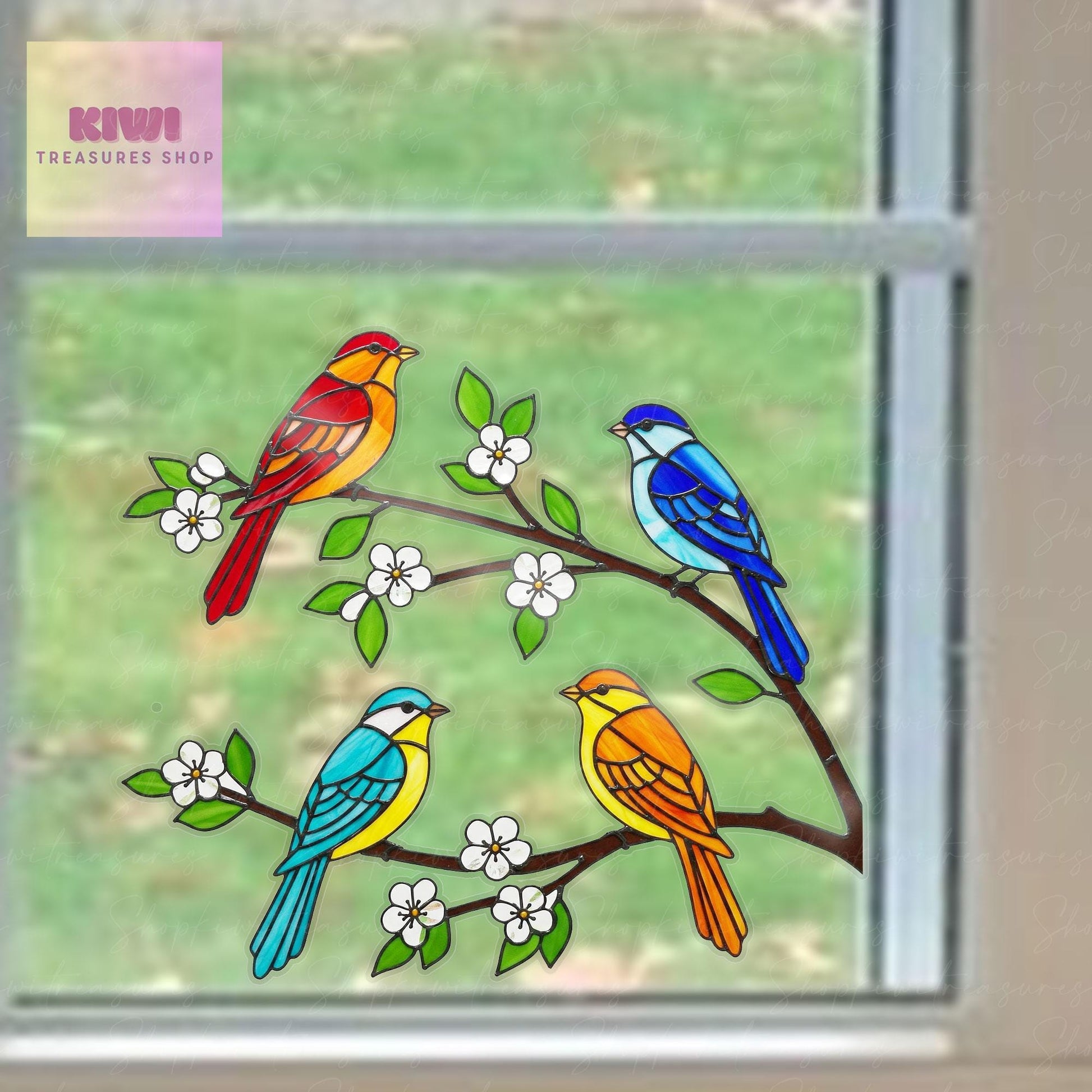 Colorful Birds on Branch Vinyl Decal | Nature Window Sticker | Bird Lover Decor | Flower and Bird Window Art | Colorful Wall Decal