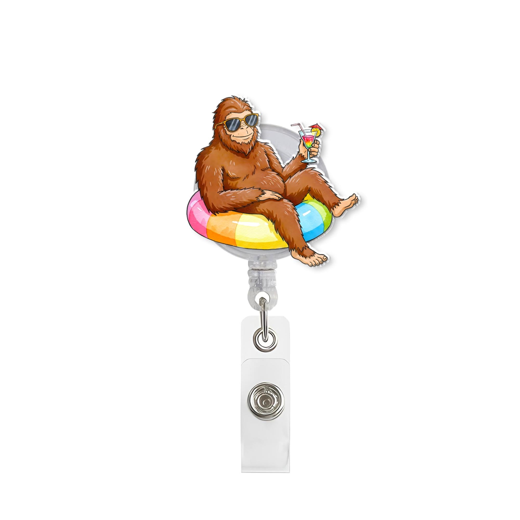 Bigfoot Summer Fun Badge Reel - Sasquatch Pool Float ID Holder - Funny Cryptid Nurse Gift - Teacher Lanyard - Retractable Badge Clip