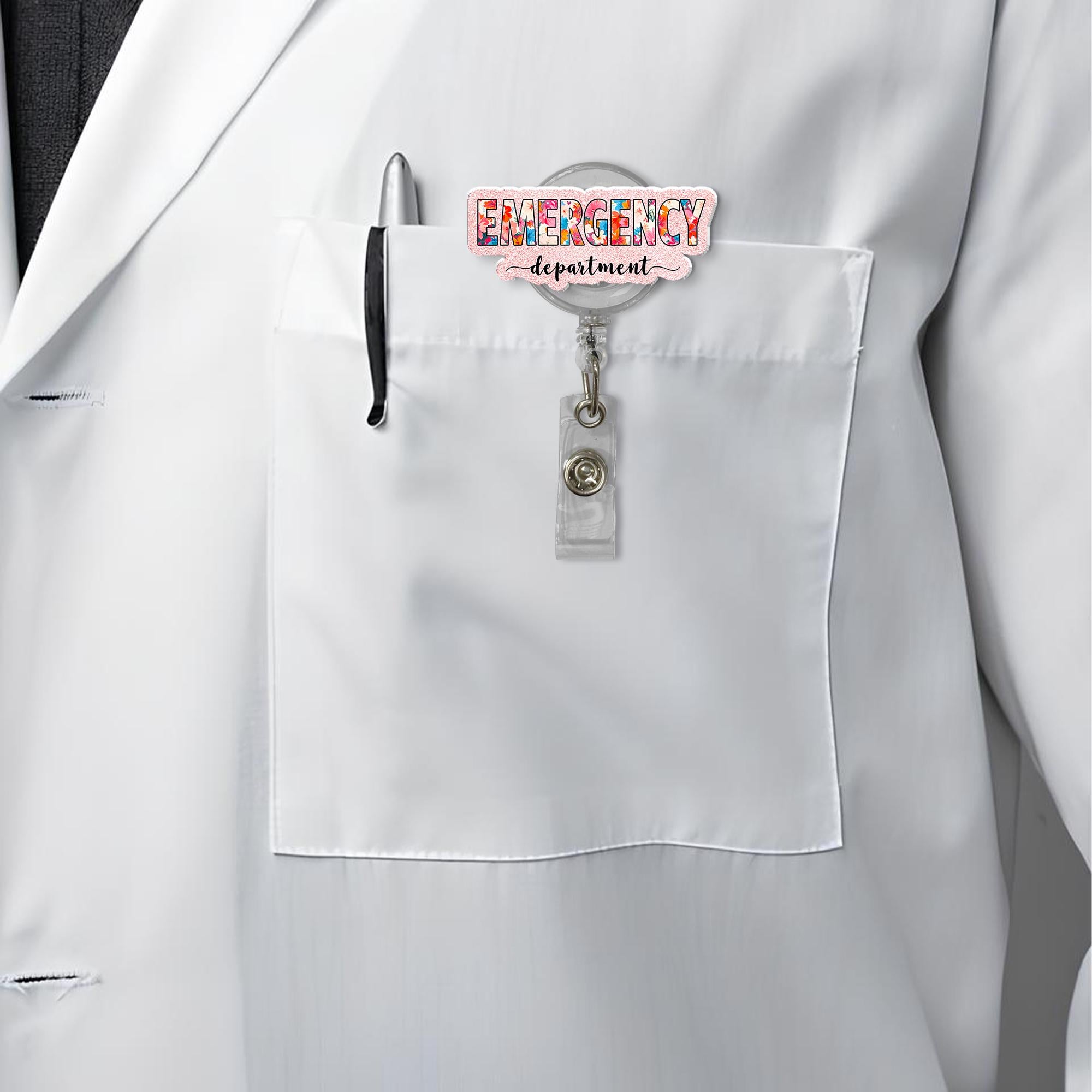 Emergency Department Badge Reel, Floral ER Nurse ID Holder, Glitter Medical Staff Gift, Retractable Name Card Clip, Cute Hospital Worker
