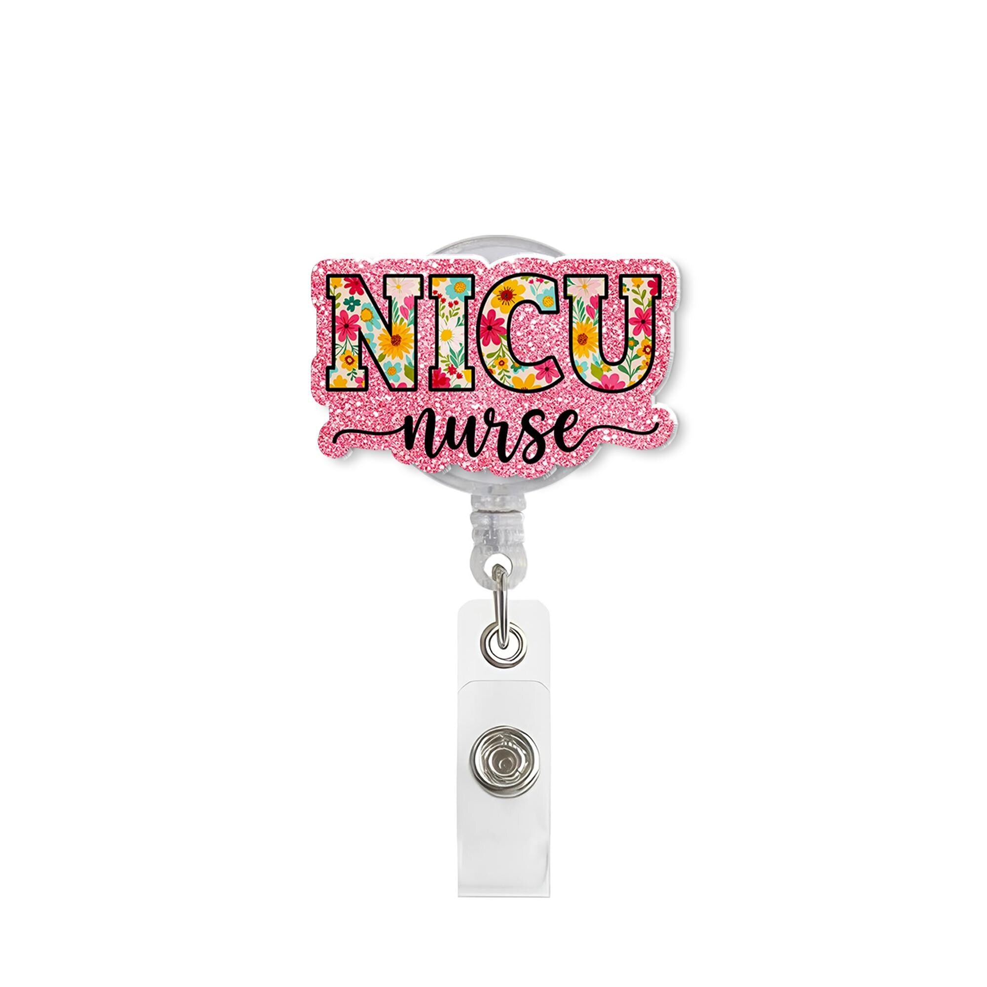 NICU Nurse Badge Reel, Floral Glitter ID Holder, Retractable Badge Clip, Neonatal ICU Nurse Gift, Nursing Student, Pediatric Nurse Gift