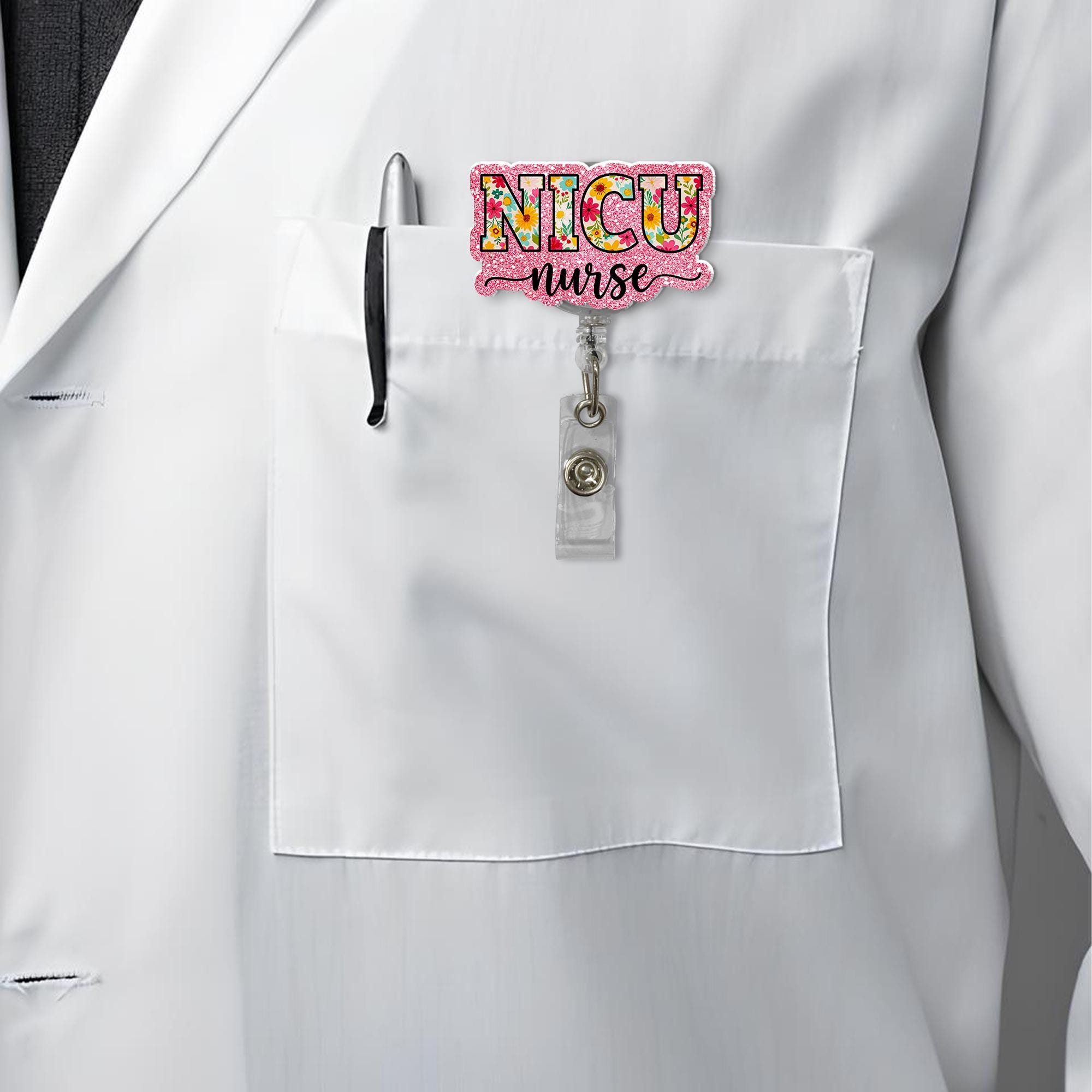 NICU Nurse Badge Reel, Floral Glitter ID Holder, Retractable Badge Clip, Neonatal ICU Nurse Gift, Nursing Student, Pediatric Nurse Gift