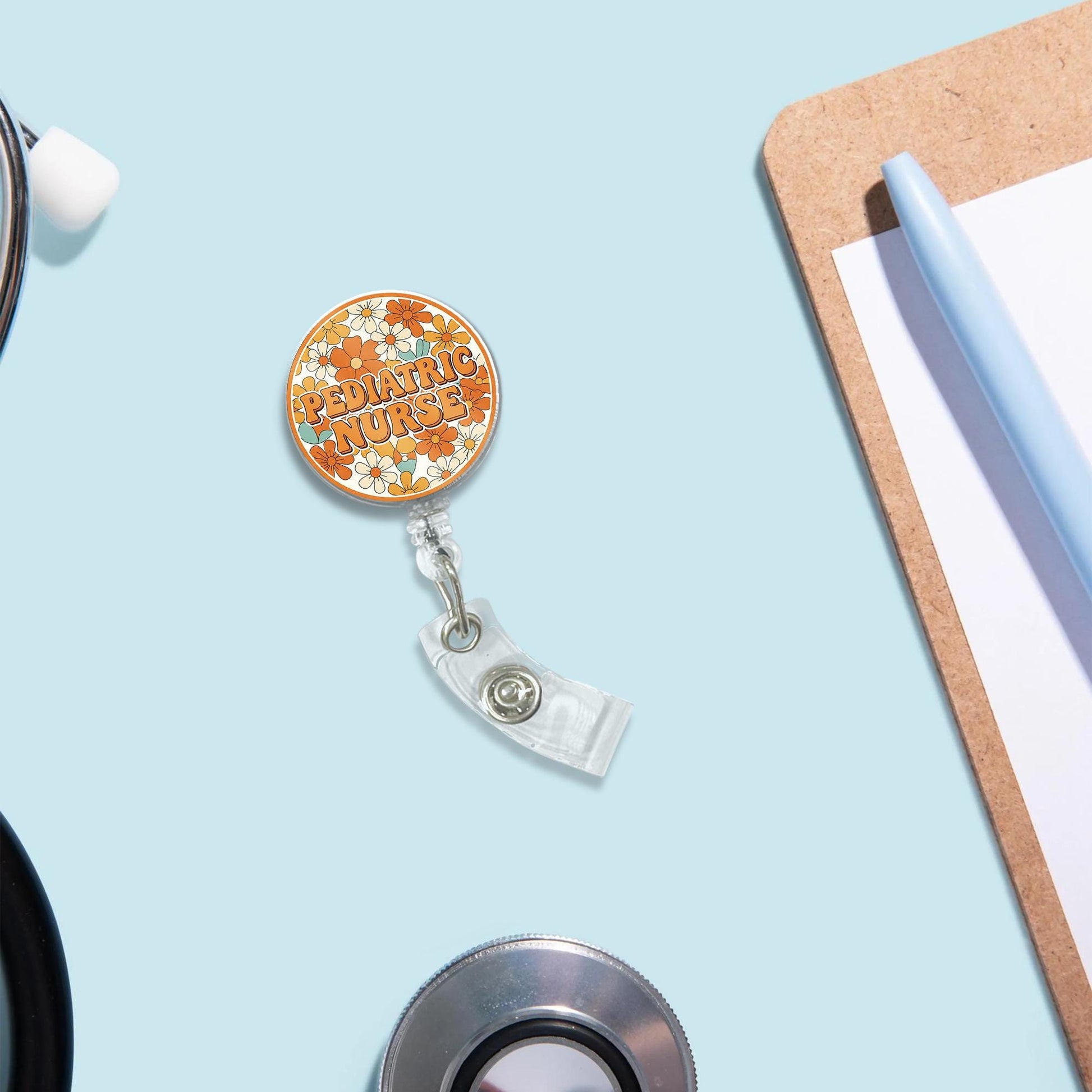 Retro Floral Pediatric Nurse Badge Reel, Groovy Peds RN ID Holder, Cute Nursing Gift, Retractable Name Tag, Flower Power Nurse Accessory